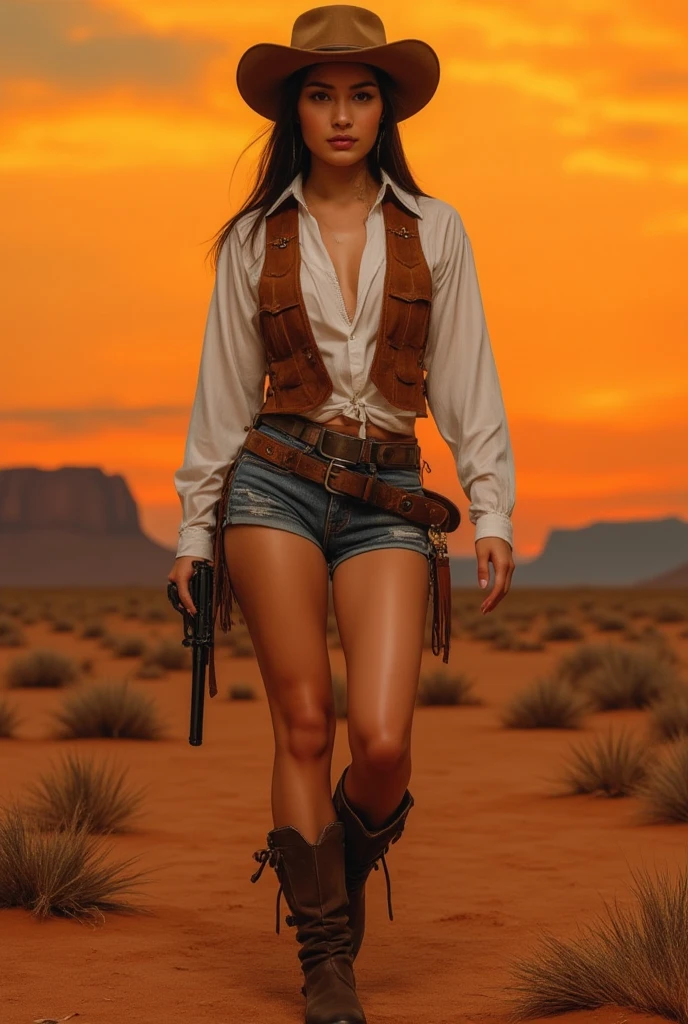Portrait of a sexy woman in cowboy outfit wearing jean skirt posing with gun and hat, female sheriff, dressed as a western sheriff, cowgirl, western cowgirl, gorgeous jungle ranger, female cowgirl, cow-girl, sheriff and cowboy, 🐎🍑, beautiful cowgirl, photorealistic perfect body, 4 k wild west, barbara hammer 4 k, an epic western, realistic shaded perfect body, mini jean skirt