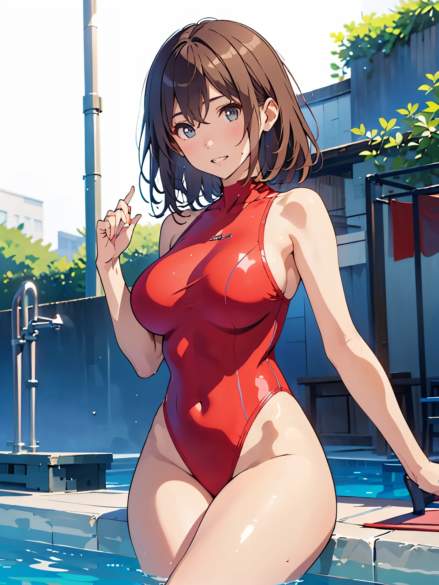 absurderes:2.0, (one girl、solo), realistic, Unity 8K Wallpaper, Masterpiece, Realistic face, Realistic skin feeling ,detailed hair, highly detailed, realistic glistening skin, Cute Girl, Perfect face, japanese actress face, charming face, Glossy skin、((all red racing swimsuit, bend over backwards:1.3、from above:1.3)), Innocent smile