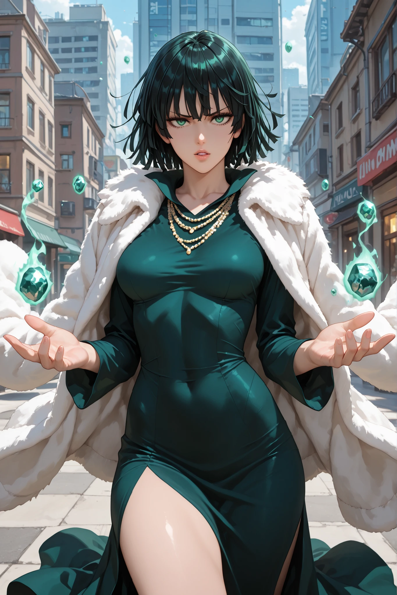 1 girl, fubuki (one-punch man), telekinesis, fur coat, thighs, jewelry, lips, parted lips, short hair, tight dress, dress, black hair, necklace, green eyes, green dress, outdoors, in the city, apartments, floating, sneer, looking at viewer, dynamic pose, best quality, masterpiece, ultra detailed, very aesthetic