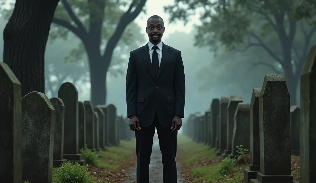 ((1)) adorable little black boy incredibly charming, candles in hand, with storm in the background, birds flying, enjoying a beautiful rain ride, storm in the cemetery, night, surrounded by beautiful white flowers, tombstones, graves, crosses, natural landscapes, photo taken full body. The illustration is in high definition in 8k resolution, with highly detailed facial features