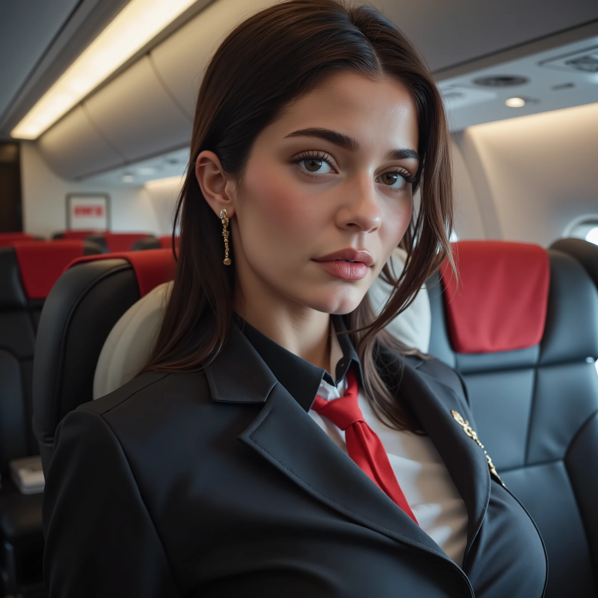 Best quality,(RAW photo:1.2),(masterpiece:1.4),(photorealistic:1.4),(High resolution:1.4), 1girl, depth of field, flight attendant, garment is carefully designed,8 k, extremely detailed, perfect lighting, epic background