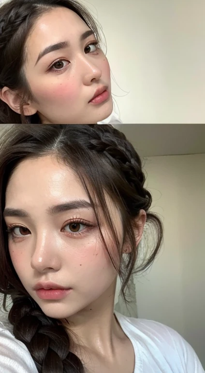 （lifelike, realistic， high resolution：1.3）， 1 fille avec un corps parfait， Super fine face and eyes，Longhaire，pigtails,  Very tight tank top in random colors：1.2， jupe courte， very big breasts，protruding breasts, Exposer le décolleté
