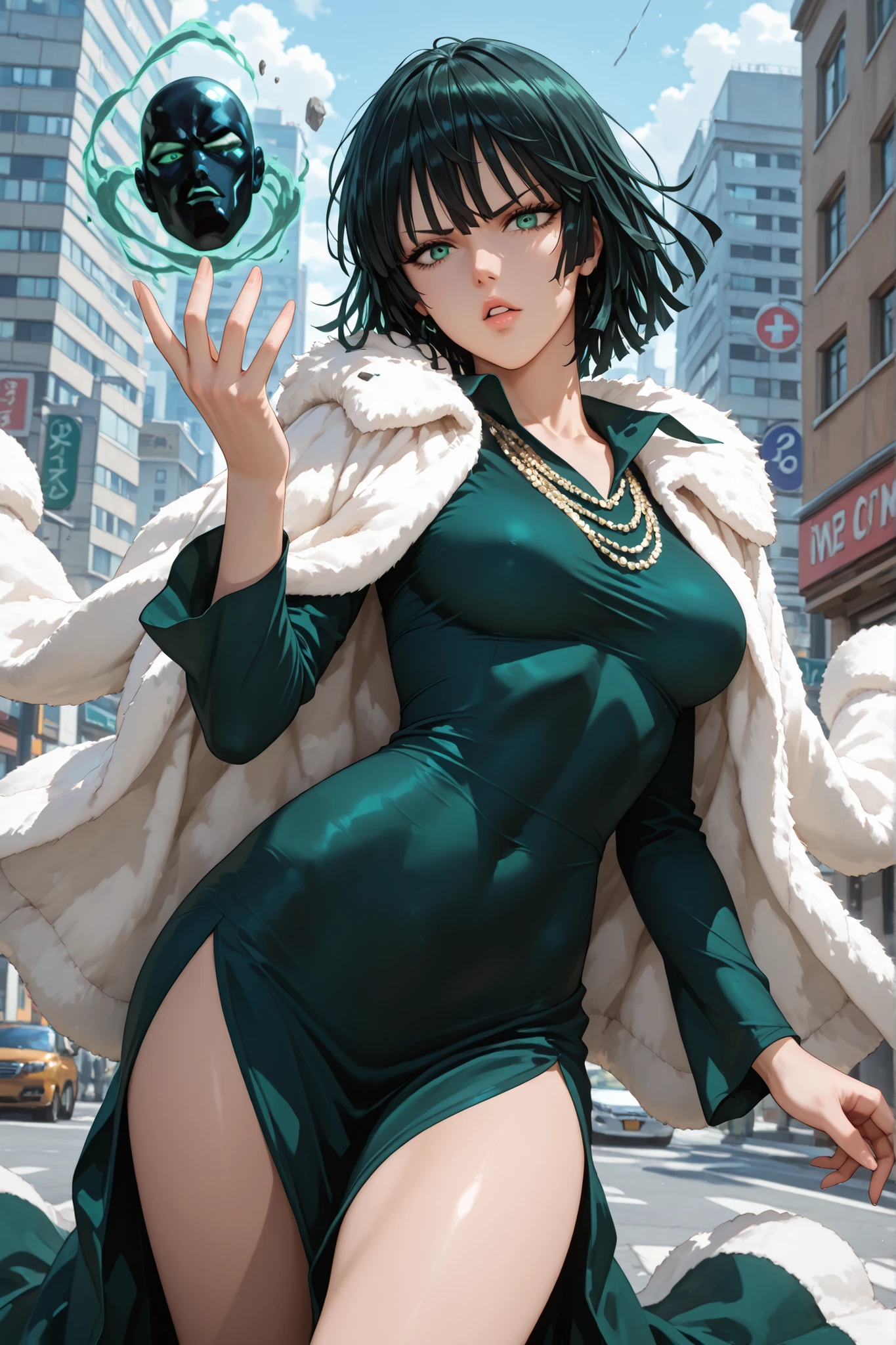 1 girl, fubuki (one-punch man), telekinesis, fur coat, thighs, jewelry, lips, parted lips, short hair, tight dress, dress, black hair, necklace, green eyes, green dress, outdoors, in the city, apartments, floating, sneer, looking at viewer, dynamic pose, best quality, masterpiece, ultra detailed, very aesthetic