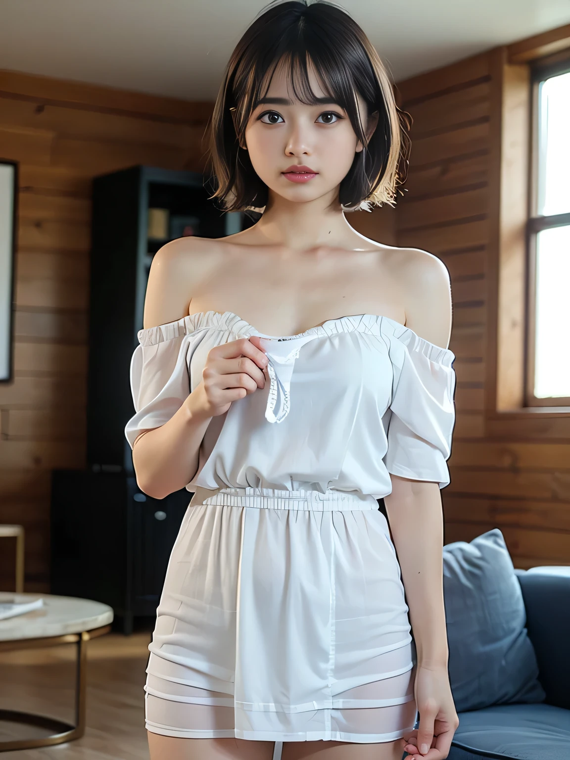 Realistic pretty Taiwanese imouto, dark hair tied, frisky, raunchy, flat chest small breasts, short white sheer chemise, pokies, smooth pubic mound, groin, loin, mail headdress, submissive slave in busy cafe from above, sweat, moist
