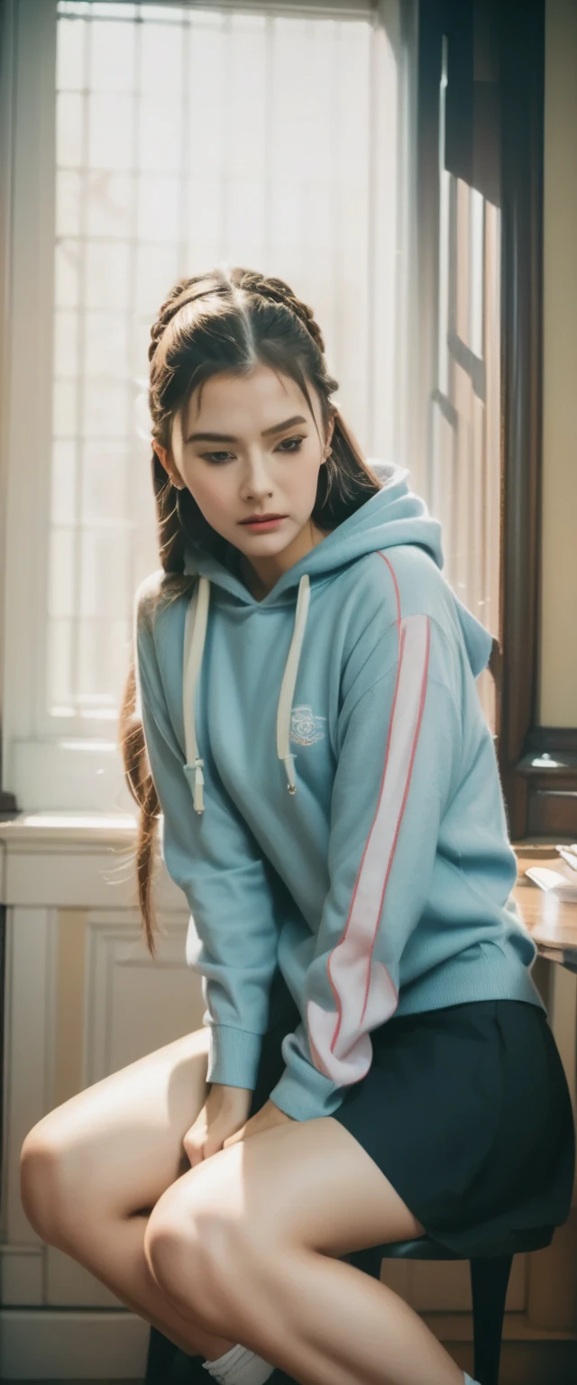 the Extremely Detailed CG Unity 8K Wallpapers、top-quality、ultra-detailliert、​masterpiece、studio shoot、Full body portrait、(Pink and light blue sweatshirt:1.4), realisitic、Behind the photo、large full breasts、realisitic、Photo Real、extremely detailed cute girl、独奏、sixteen years old、Melancholy look, on the beds, Brown hair, Long Bob, dishevled hair, Floating hair、out of focus、blur、