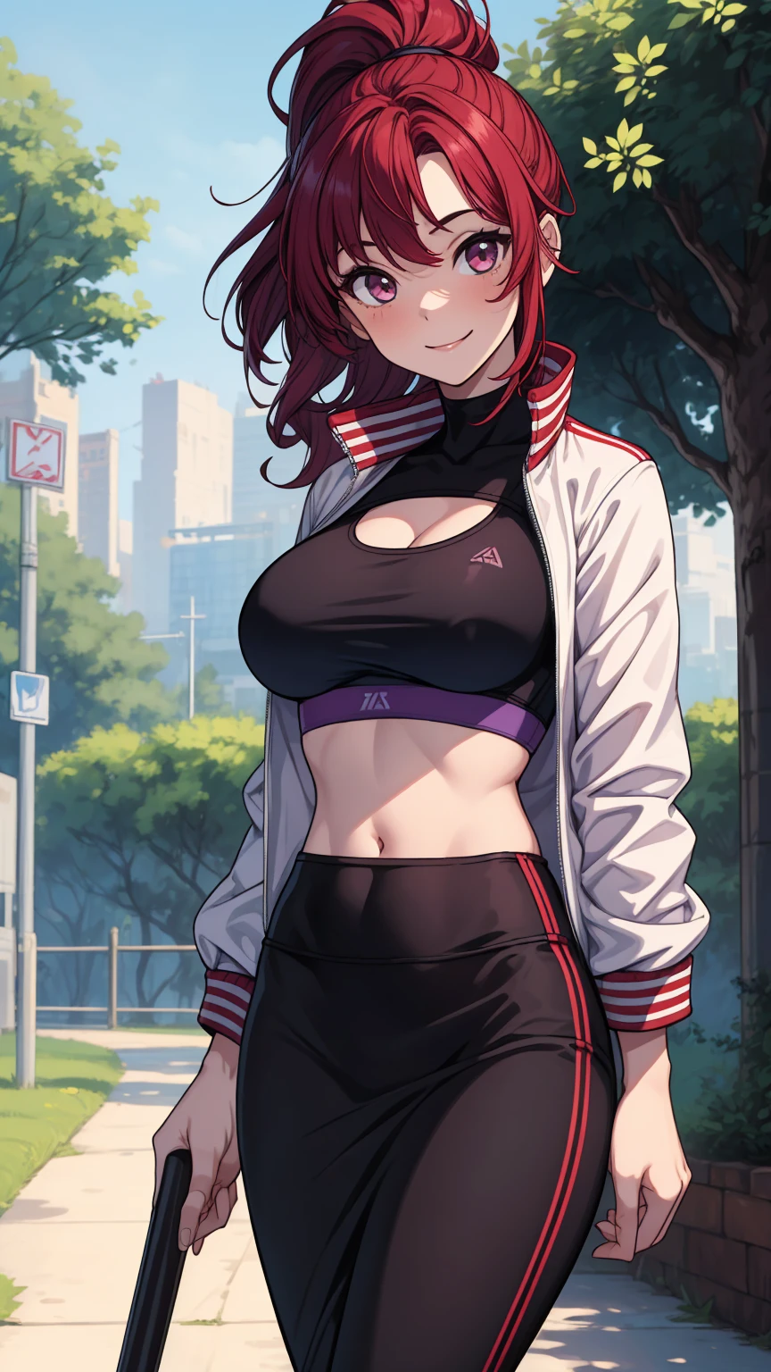 Shizuka is an attractive young woman with mid-neck length dark plum-colored hair that has long bangs hanging on the right side, aubergine-colored eyes and a medium-sized bust. Her beauty causes Akira Tendou to freeze in his tracks when he sees her while staring at her breasts and butt thanks to her skimpy athletic wear. Anyone who sees her notes how exceptionally beautiful she is, and the only reason Kenichirou Ryuuzaki hasn't started flirting with her is because he knows that Akira is interested too.
She wears a multi-colored overcoat over a pink and white sports bra with pale gray stripes top which shows her midriff and belly button as well as matching color short-shorts, indigo leggings and shoes.