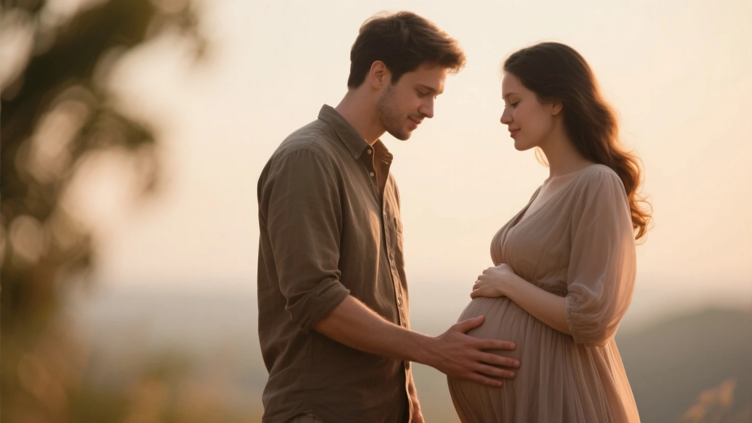 pregnant couple in black and white photo with trees in background, maternal photography 4 k, couples portrait, couple portrait, portrait image, side portrait, 60mm portrait, 7 0 mm portrait, 50mm portrait, by Maksimilijan Vanka, by Hristofor Žefarović, photo from the side, lovely couple, b&w photo