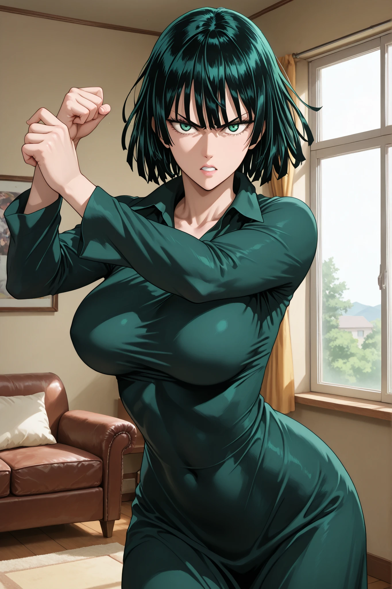 1girl, Fubuki (One-Punch Man), black hair, green eyes, short hair, mature woman, breasts, anime screenshot, home, in the living room, near the window, angry, looking at the viewer, dynamic pose, best quality, masterpiece, ultra detailed, very aesthetic