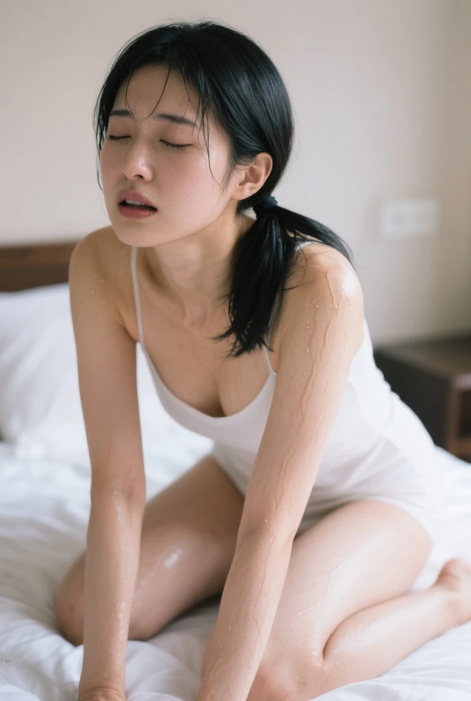 table top, highest quality, figure, Super detailed, finely, High resolution, 8k wallpaper, Perfect dynamic composition, a young asian idols woman, detailed and beautiful eyes, Natural lip color, small breasts, shortcut、 (Wearing a queen korean dress)、clear white skin、super realistic photos、beautiful face、 (wet by venom on body)、bedroom、See-through、on the pillow、Angle from above、((close your eyes:1.4))、((chubby:1.3))、((sad scene face:1.1))