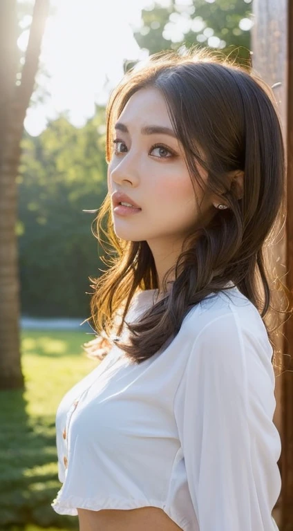 1womanl, up of face, mideum breasts, light brown hair, Blunt bangs, hair behind ear, hair over shoulder, Long hair, slender body shape, Ultra Fine Face, Thin face, Delicate lips, Beautiful eyes, thin blush, eyes are light brown, perfect glossy skin, flawless skin, Glistening sweat,View here, Ultra-thin hands, Ultra-fine fingers, best ratio four finger and one thumb, (realisitic:1.3), Finger Extensions, See-through white blouse. Broad-leaved forest, One-person viewpoint, Fuji Film, F/1.2, 8K, masutepiece, nffsw, Super Detail, High quality, Best Quality, hight resolution,