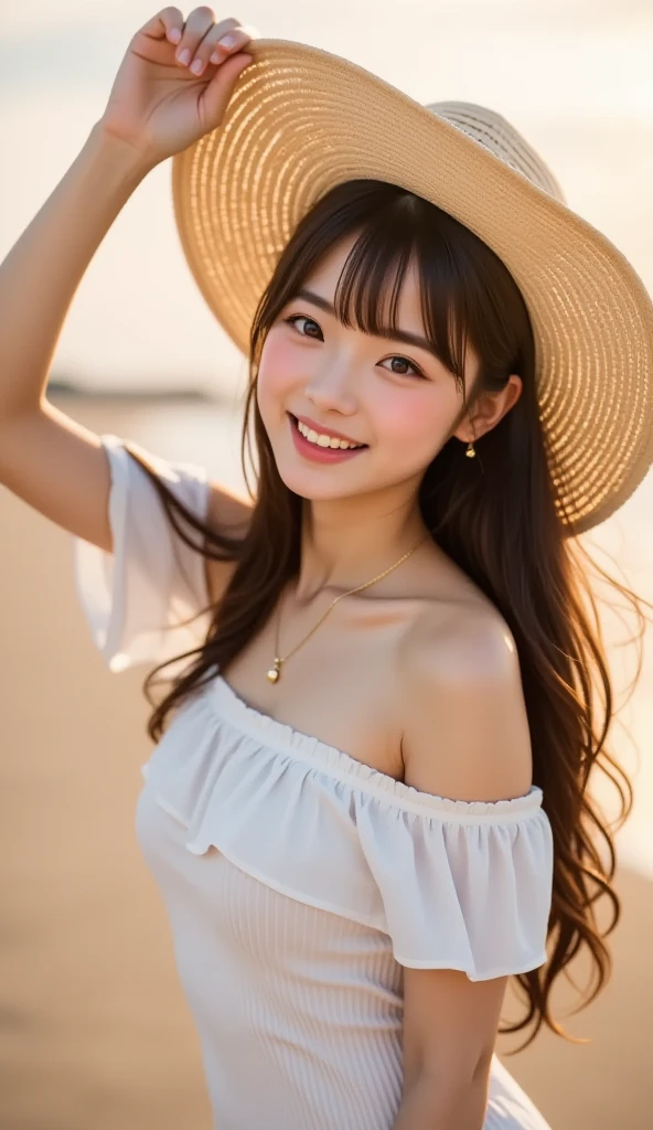 masterpiece,best quality,(Japanese ),((Beautiful girl)),cleavage,(perfect body beauty:1.2),(shy smile),beautiful teeth,(Blurred background of brick buildings),(hat),