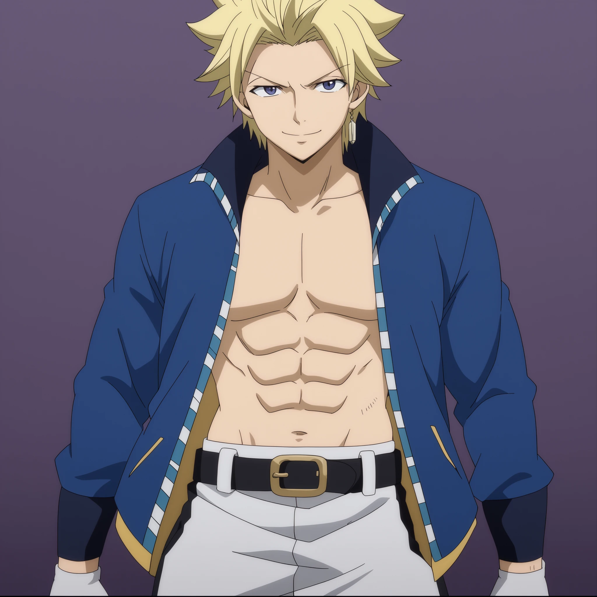 close-up, looking at viewer, score_9, score_8_up, score_7_up, source_anime, StingFT, Sting blonde hair, light yellow Sting, 1boy, male focus, anime screencap, a blue men's jacket with black details, which fits his athletic figure. Underneath, he wears a black long sleeved T-shirt. His pants are dark and tight fitting, and he completes the look with white fingerless gloves that add a modern touch. He also usually wears a belt with a decorative buckle. Official style, smile, happy, closed mouth