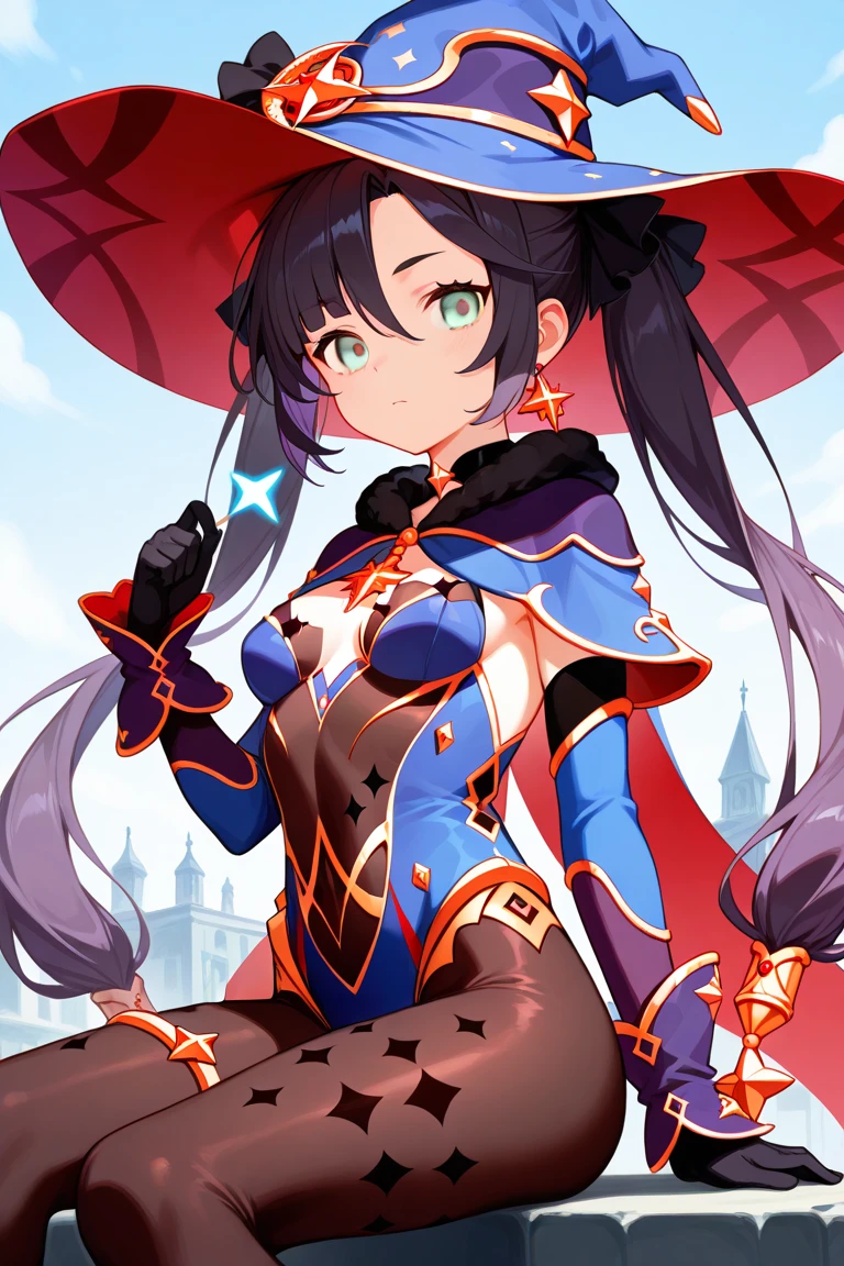 zzMona, grey eyes, hair between eyes, black hair, hair ornament, long hair, purple hair, twintails, very long hair, leotard, pantyhose, jewelry, witch hat, gloves, (緊縛 2.0), 赤面, 