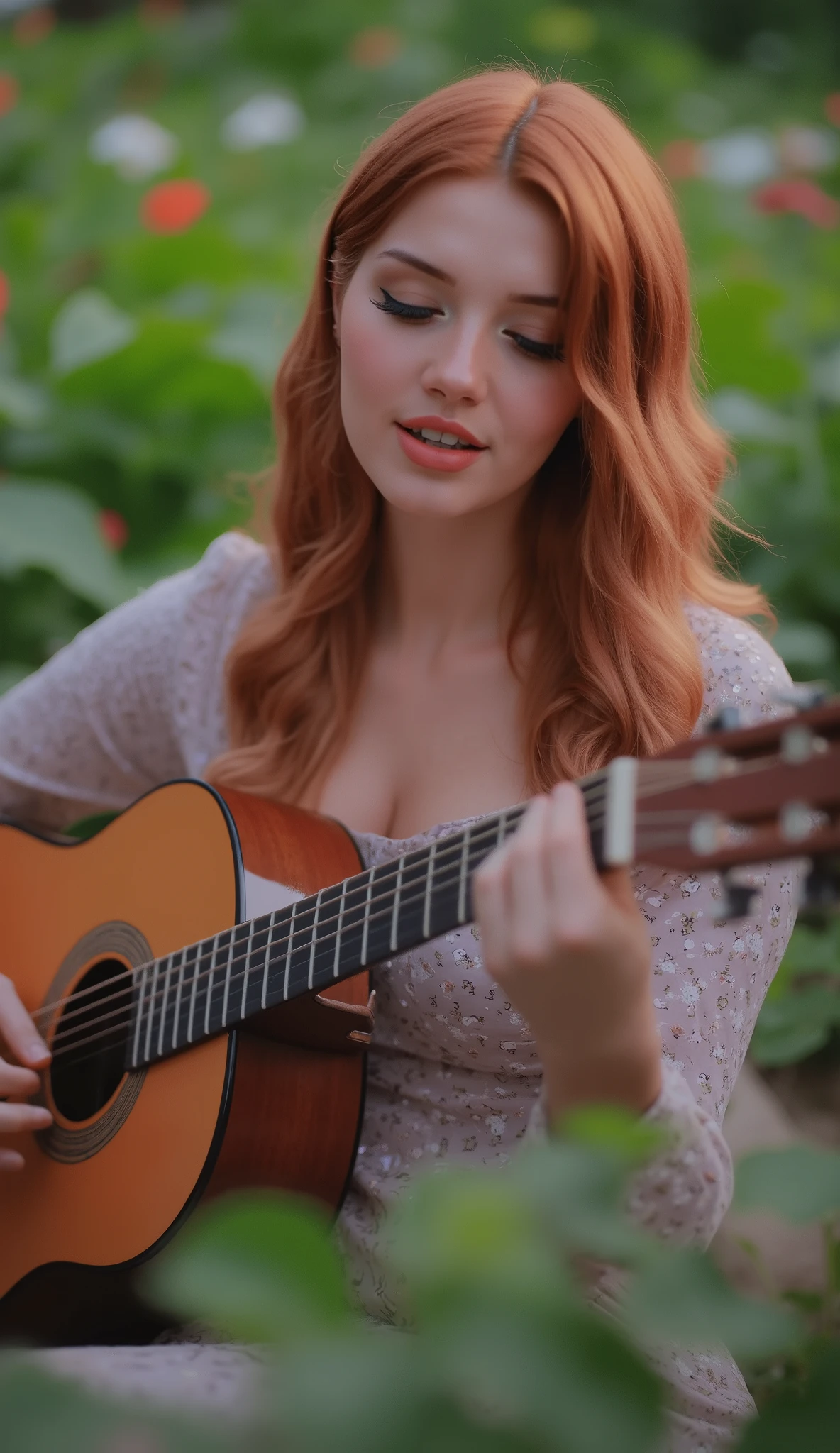 a pretty girl is singing and playing guitar, opening eyes