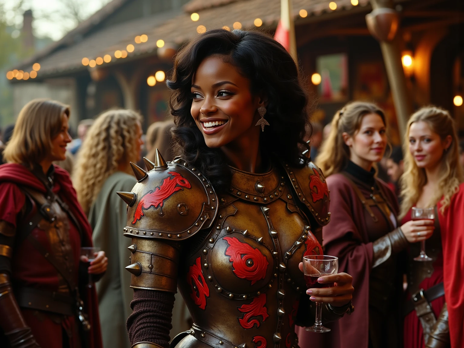 (medium full shot) of  (luminous young woman:1.1) (supermodel young woman:1.1) medieval soldier, south african with tightly coiled hair, dark eyes, dark skin, curvy,           wearing  Barbute helm with cheek guards, plate cuirass with etched design, segmented plate pauldrons, leather couters, plate greaves, steel sabatons, wielding Ornate broadsword with jeweled hilt, shield, surprised, open mouth, pointing her finger at the viewer,  .set in medieval era,  Apothecary's Den, Mysterious, cluttered room with shelves filled with mysterious vials and jars, a large cauldron bubbling over a fire, stacks of dusty tomes on herbal remedies, a dimly lit oil lamp, and a small table with scales and measuring tools , at sunset, Masterpiece,best quality, photorealistic, amazing quality, very aesthetic, extremely detailed face,