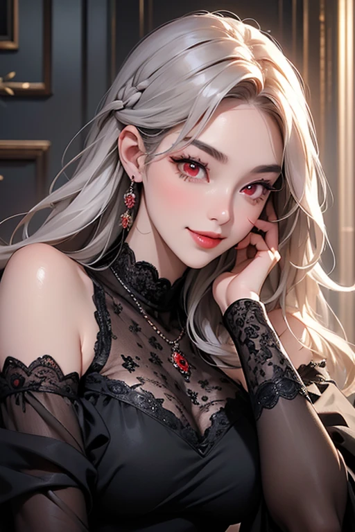 (absurd, high res, super detail), face close-up, face enhancement, face focus, oblique view, 22, 18, long straight hair, shiny beautiful hair, beautiful skin, luscious skin, beautiful eyes, with bangs, off shoulder, eye highlights, unbroken hands, rich lighting, large breasts, pale pink lips, soft lips, slightly open mouth, uniform 8K wallpaper with high definition CG, attention to detail, portrait, gaze, solo, half shot, detailed face, slightly smiling, dynamic pose, (Contemporary Japanese Subject: 1. 1), contemporary style clothing, black dress, black gloves, lace dress, white hair, Silver Hair, Contemporary Subject Matter, (Thriving Civilization: 1.1), (Pure White: 1.1,) Buildings, Roppongi, Ginza, Kabukicho, Neon Lights, Japanese Landscape, Fantastic, Romantic, Dance of Light, Glitter, Severity, Majesty, Night, Darkness, Stars, Portrait, Film Lighting, Necklace, Date Scene lewd sexy