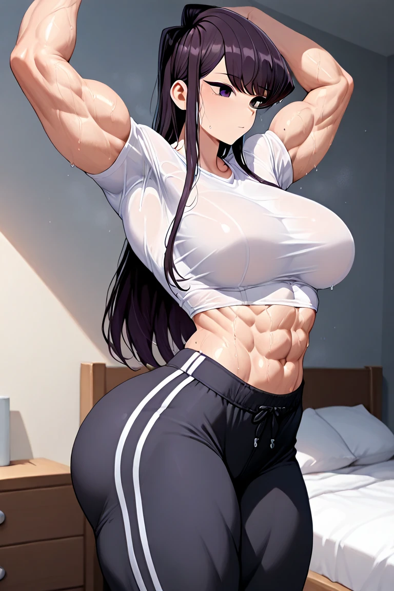 1girl,masterpiece, Best quality, High resolution, high resolution, lifting up skirt, socks, cowboy shot, legs spread wide, (legs wide open)), from below, focusing on the hips, (a lot of sweat), drooping eyes, (beautiful detailed eyes), annoyed, angry, plump, thick thighs wide hips, bottom heavy, pout, looking irritated, looking disgusted, sweat, sweat stains on clothes, thong, dripping with sweat, steamy breath, steam clouds, shiny skin, sweatdrop, wet clothes, standing over viewer, dominant, open shirt, sweaty pants, abs, muscle, strong, toned, big muscles, cruel smile, smug smile, perspective between thighs, viewer between thighs, glistening skin, hypermuscle, massive muscles, yoga pants
