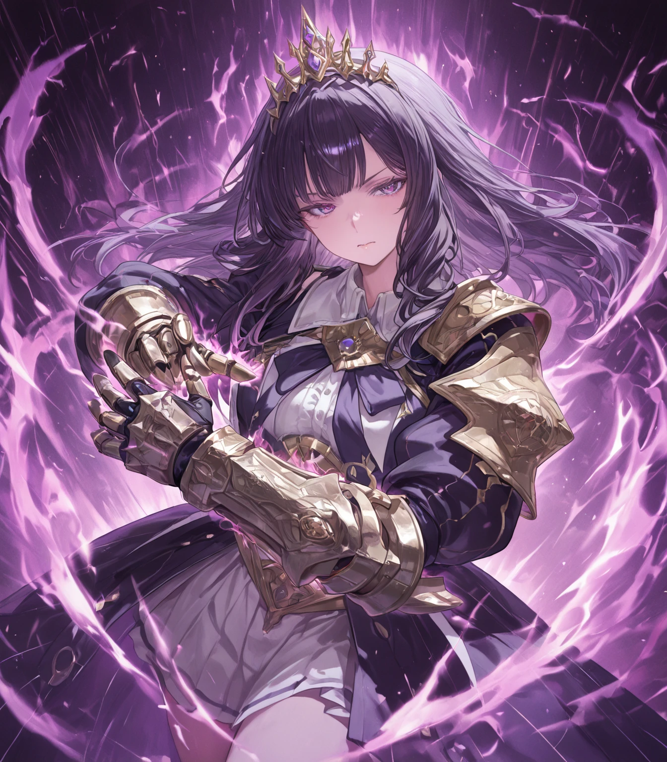 A woman in a purple dress holding, Morgana de League of Legends, gorgeous woman, epic fantasy art style hd, anime fantasy illustrations, seductive hypnotist woman, 2. 5 d cgi anime fantasy illustrations, fantasy art style, beautiful succubus, 4K fantasy art, artistic germ style, High quality fantasy art, Dark Fae, fantasy art in high definition. coven wings, fallen angel, purple hair, heavy makeup, dripping eyeliner
