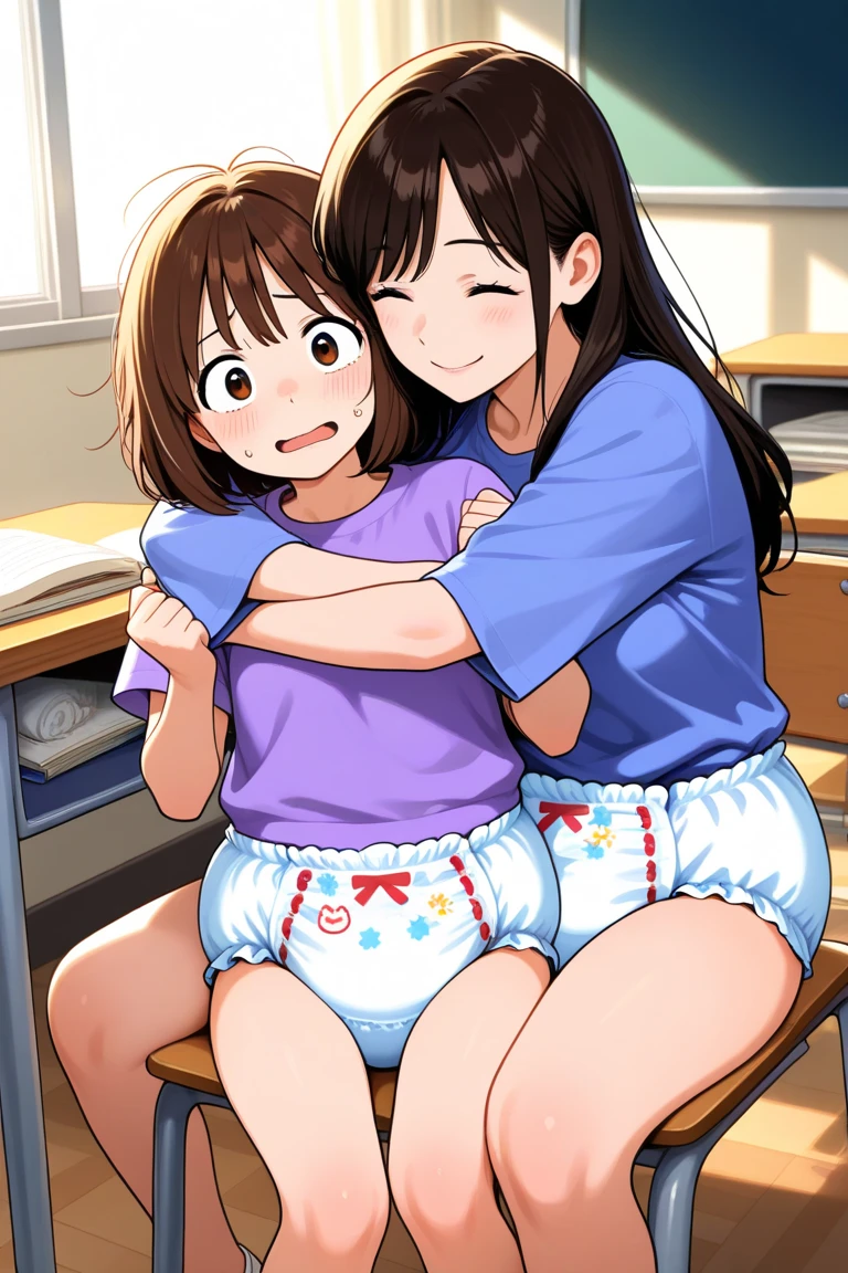 ((A plump and squishy lady:1.3)),((surprise!!:1.3)),(((Women's Lace Panties,((open crotch pantie)),transparent,Erotic lingerie,Big size,Open crotch underwear))),Highest quality、High resolution、Detailed Background、(Beautiful face in every detail:1.4)、,(((Sexy Lace Nightwear for Women,transparentなメッシュのlingerie,transparentなエロティックなポルノドレス,Long sleeve,lingerie,summer pajama))),(((A lively and playful scene in a Japanese kindergarten classroom filled with colorful toys and cheerful decorations. Two young girls, about 5 or , are standing on either side of a slightly shy boy of the same age. The boy, dressed in a simple shirt and shorts, looks a bit confused as the girls vie for his attention. One girl, with her hair tied in pigtails, is holding one of his hands, trying to lead him towards a play area filled with building blocks. The other girl, with short, bobbed hair, is gently tugging on his other hand, offering him a stuffed animal to play with. Both girls wear the typical kindergarten uniform, consisting of a cute smock and matching hat, and their expressions are a mix of determination and playful rivalry. The scene is lighthearted and innocent, capturing the charming dynamics of young children at play.)))