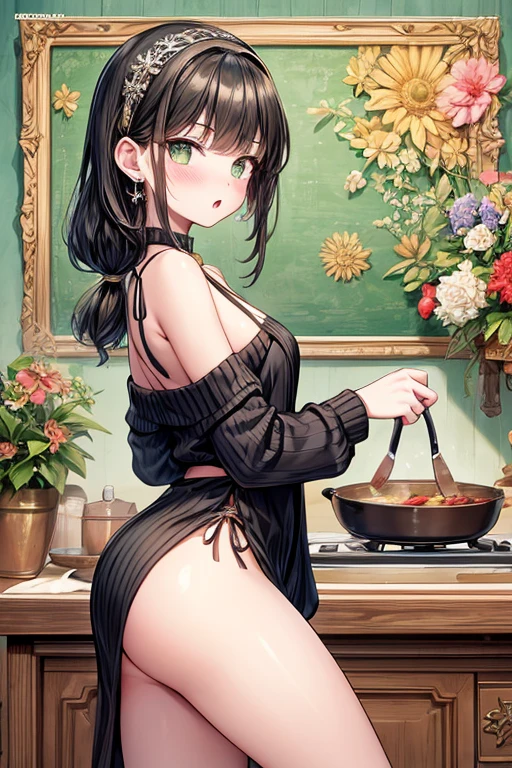 (small breasts:1.3), (perky chest:1.1), (pointed chest:1.0), (Pudding cake magazine cover:1.3),(from above:1.0),(from side:0.9),masterpiece, 1girl, Amazing Cleavage:1.1, thin waist, big ass, Raised sexy, small breast: 1.3, posed cleavage:1.2、solo, looking at viewer, open mouth, have a cute grass of cute beergrass,black hair, dark green eyes, dress, bare shoulders, jewelry, collarbone, sidelocks, hairband, earrings, indoors, off shoulder, :o, sweater, arms behind back, plant, short hair with long locks, gild hairband, off-shoulder dress, sweater dress, off-shoulder sweater, red sweater, dark gord hair, big side hair, very long side hair,is rendered in (masterpiece: 1.2, best quality), with (ultra high resolution) and an exquisite (depth of field). This masterpiece is not only visually stunning but also tells,A scene of cooking in the kitchen by classroom