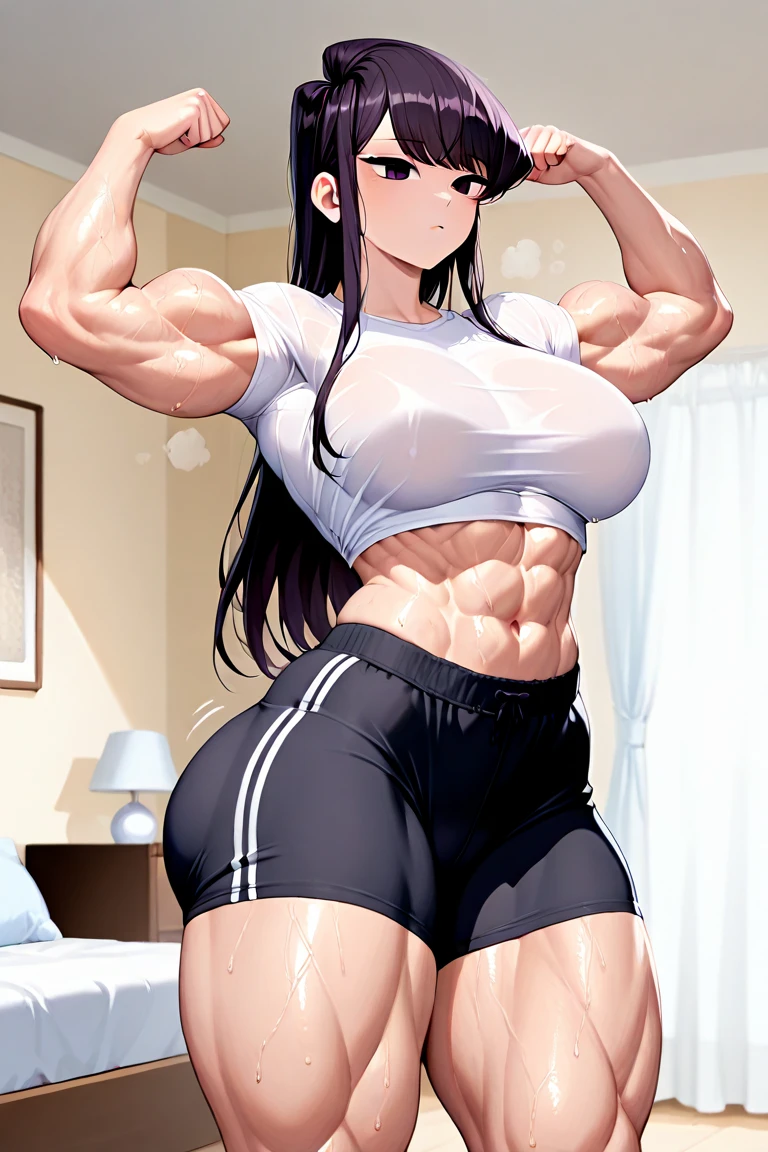 1girl, solo, 30yo, straight hair, long hair, black hair, score_9, black eyes, high ponytail, large breasts, narrow waist, wide hips, muscular, muscular female, white sports bra, white gym shorts, sitting, sofa, indoors, looking at viewer, grin