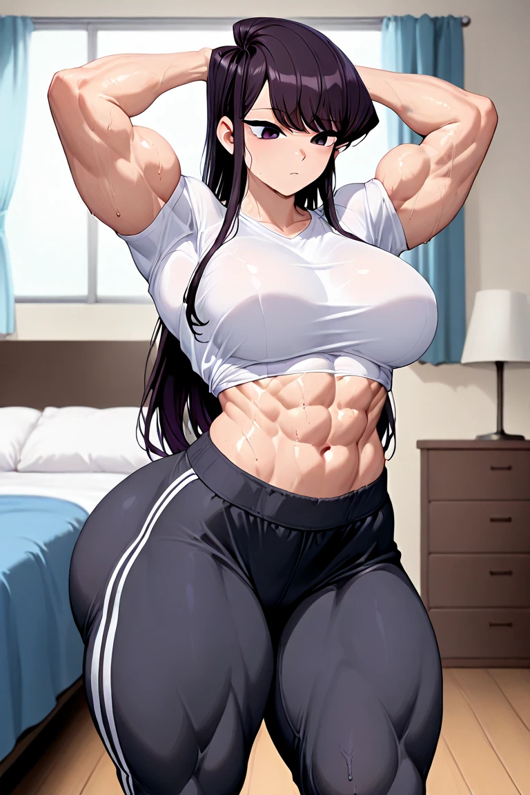 1girl,masterpiece, Best quality, High resolution, high resolution, lifting up skirt, socks, cowboy shot, ((thin white thin thong)), legs spread wide, (legs wide open)), from below, focusing on the hips, (a lot of sweat), drooping eyes, (beautiful detailed eyes), annoyed, angry, plump, thick thighs wide hips, bottom heavy, pout, looking irritated, looking disgusted, sweat, sweat stains on clothes, thong, dripping with sweat, steamy breath, steam clouds, shiny skin, sweatdrop, wet clothes, standing over viewer, dominant, open shirt, sweaty panties, abs, muscle, strong, toned, big muscles, cruel smile, smug smile, perspective between thighs, viewer between thighs
