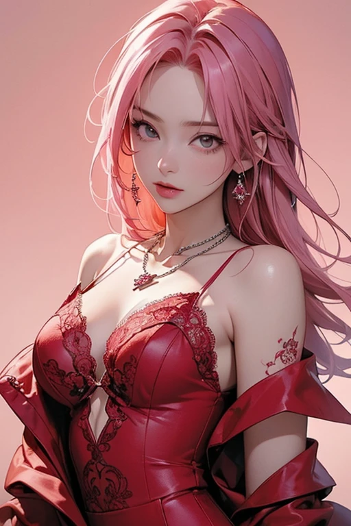 Cool women、sexy、Center of chest、Rize from Chainsaw Man、beauty、Yandere、、Face close-up、Kiss with your eyes closed、Chest tattoo、Red lace、necklace、Pink Hair、(sexy)