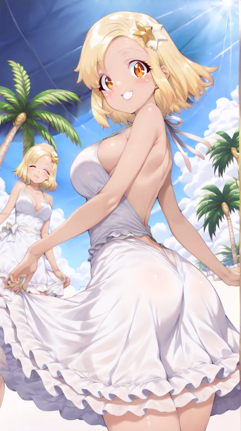 nsfw:1.6, Top quality, masterpiece, ultra high resolution, , (top quality, high resolution, 4K, detailed lighting, shaders, perfect anatomy, perfect proportions), eye of the beholder, (masterpiece, top quality) (top quality, 4K, 8K, high resolution, masterpiece: 1.2), highly detailed, (masterpiece: 1.3, top quality, ultra high resolution, ultra detailed), (top quality: 1.2), perfect eyes, perfect face, perfect lighting, (top quality, 4K, 8K, high resolution, masterpiece: 1.2), highly detailed, (top quality, 4K, 8K, high resolution, masterpiece: 1.5), highly detailed, masterpiece, top quality, ultra detailed, top quality, high resolution, 32K CG, very delicate and beautiful, illustration, high resolution, sharp focus, front lighting, glow, girl 1 person, solo, smiling, very beautiful and detailed anime face, very detailed eyes, ((masterpiece)), ((best quality)), (super detailed), ((cute)), cute, ((very detailed)), 4K, (8K), best quality, (best quality, 8K, 32k, masterpiece, super high resolution, very detailed, impressionistic:1.2), blurred background, (((two arms))) , (((two foot))), ((((four fingers and 1 thumb)))), Best quality , ((only one naval)),
(Scandinavian beauty). (Beautiful face: 1.2). (Cute). (Shiny blonde hair). (Bride's wedding updo: 1.6). (Bangs swept to the side to show forehead: 1.4). (Beautiful blue-green eyes). Smiling: 1.8. (Embarrassed: 0.6). (Topless: 1.8). (No panties:1.8). (White wedding dress with frills: 1.4). (Skirt lift:1.5). (Breasts and nipples not covered: 1.8). (trimmed pubic hair)(small pink areola and nipples: 1.6). (Big breasts: 2.0). (Full breasts: 1.6). (Beautiful breasts: 1.6). (Narrow waist). (Slender body). (Realistic skin: 1.3). (White choker: 1.7). (Necklace: 1.4). (Pure white veil: 1.2). (White flower hair accessory: 1.4). (Bracelet: 1.4). (Anklet). (Deserted Beach: 1.6). (Palm Trees: 1.2). (Breathtaking Sunsets). (Realistic Backgrounds: 1.3). (Showing ass: 1.6) .