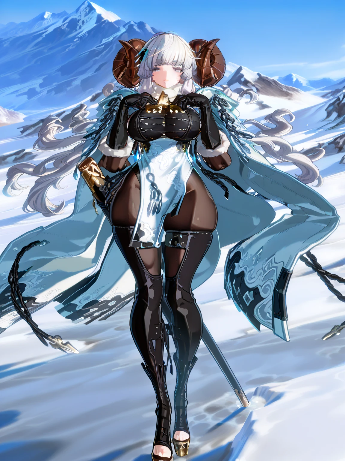((masterpiece, best quality)), Epic battlefield atmosphere，Delicate face，Snow Woman，winter，Snow Mountain，whole body，Standing picture，glowing white eyes，Large Breasts，Perfect body proportions，Pure white background，firefly，Snow，snowflake，Edelweiss，Lace，Transparent sex bikini