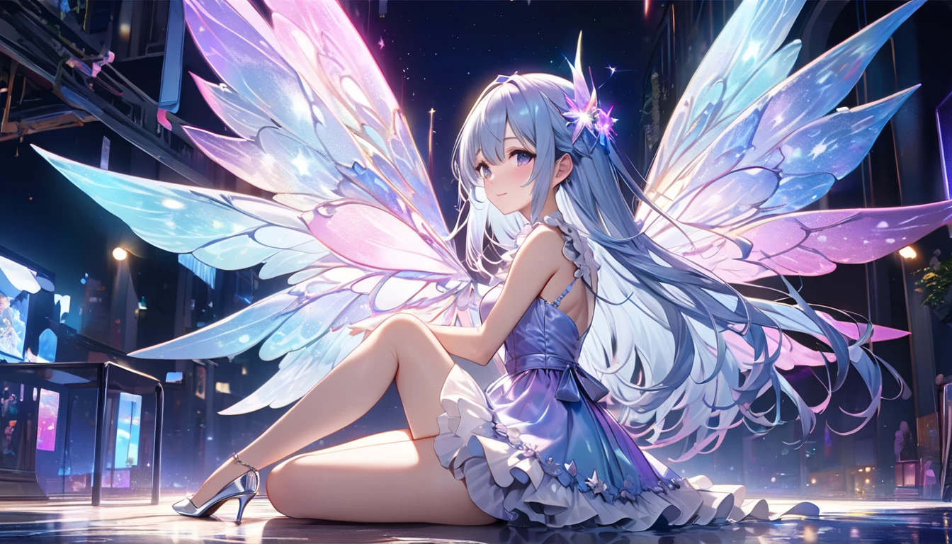 (((ayanami rei))),((((((BREAK,Design an image with a fisheye lens effect, capturing a wide field of view with a distinctive, curved perspective.BREAK,)))))((1girl:1.1,solo,))(masterpiece,best quality, official art,back to viewers, beautiful and aesthetic:1.3),((ultra high res,golden ratio,)) (4k),((from side,dawn,rainbow,raindrops, dreamland,beautiful sky,detailed aurora)),((((spiral bubbles,))))national lighting,good lighting,ray tracing,dynamic lighting, cinematic lighting,((((butterfly mountain,))))(fantasy,)((psychedelic)),((dreamy)),((holographic,))radiosity, physically-based rendering,automatic white balance), technological sense,Amazing,sharp focus,detailed background,rich background,astonishing background, (((high detailed skin,)))dynamic lighting,intricate detailed outfit,glowing eyes,watery eyes,((extremely long hair,hair over shoulders)),skiny,slender,smooth beast,smooth legs,backless sundress,((musical notes,fireworks)),(masterpiece sidelighting),(bishoujo,lustrous),(sky blue hair,pink eyes,）[[delicate fingers and hands:0.55]::0.85],(detail fingers),(((Ultra Photographic Quality,ultra wide angles)))),((incredibly absurdres,photoreality)),(realilty:0.7),((open mouth,a girl is chanting,put hands together,))((sitting:0.8,full body shot,))Golden rings,((extremely_detailed_eyes_and_face)),(disheveled hair),FilmGirl,(dynamic configuration: 1.2),Brilliant,drifting Nebula,ethereal, glossy ,striking contrast,high saturation