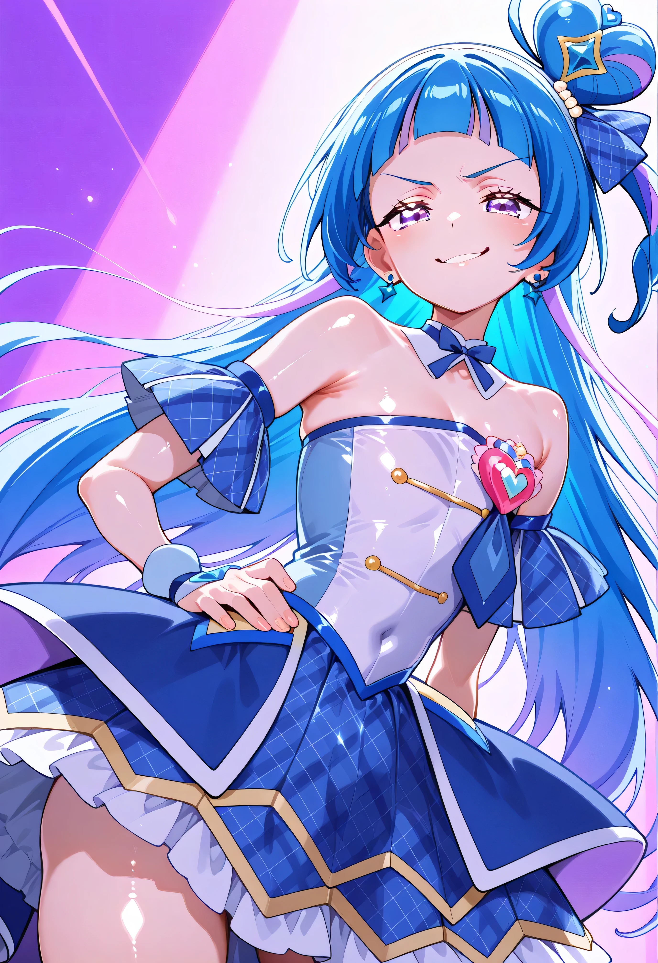 、 Look Down、from below、 break、Cure Wink、cure winks 、Idol Kimi and Idol Pretty Cure Blue Hair、Magical Girl、 mini crowns、purple eyes, blue dress ,slanted hat,very long hair,Dull bangs,bare shoulder,headband,,,nsfw,(smirk:1.7),lewd,最高品質,非常に詳細な画像,シングル,1人の少女(shiny skin:1.5),