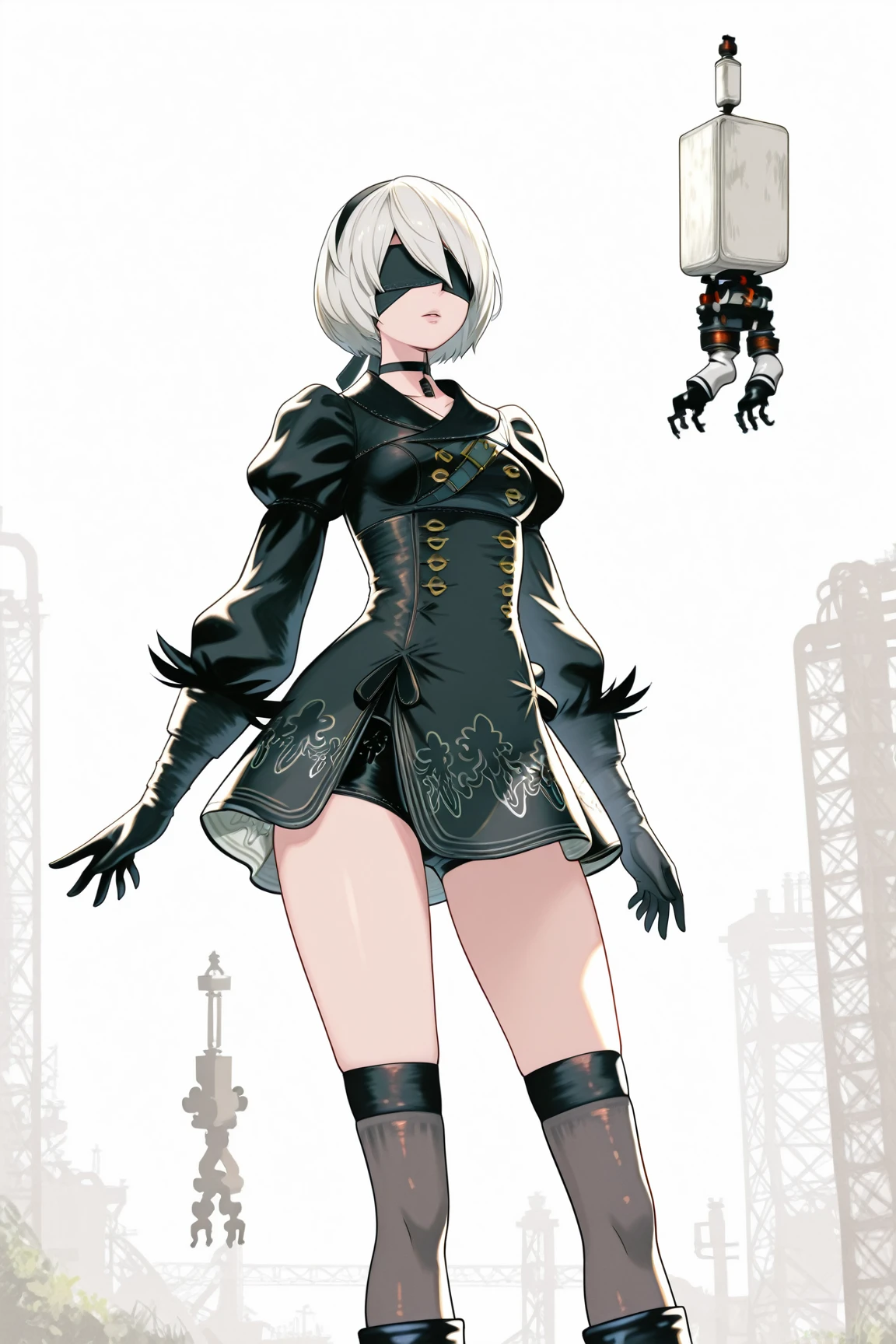 Solo, Score_9, score_8_up, score_7_up, source_anime, von_lycaon_(zenless_zone_zero), Anthro, source_furry, Anthro furry male wolf, standing, female, feminine, small breasts, wearing black corset, black short shorts, black stiletto boots, seductive, simple white background