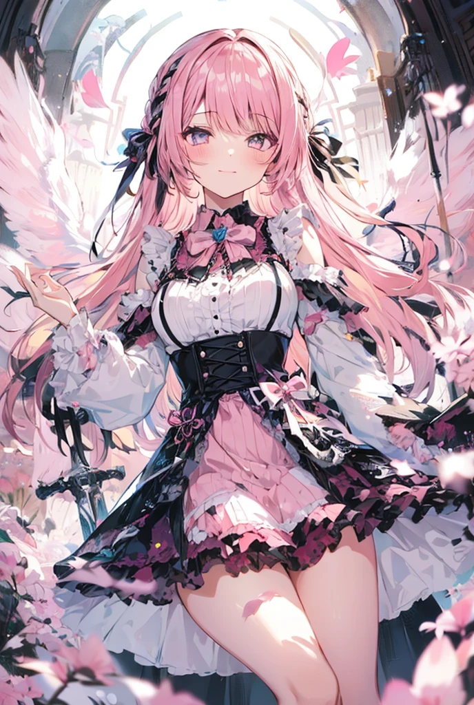 perseus0311, white legwear,pink eyes,white dress,angel wings,absurdly long hair,detached sleeves,full body