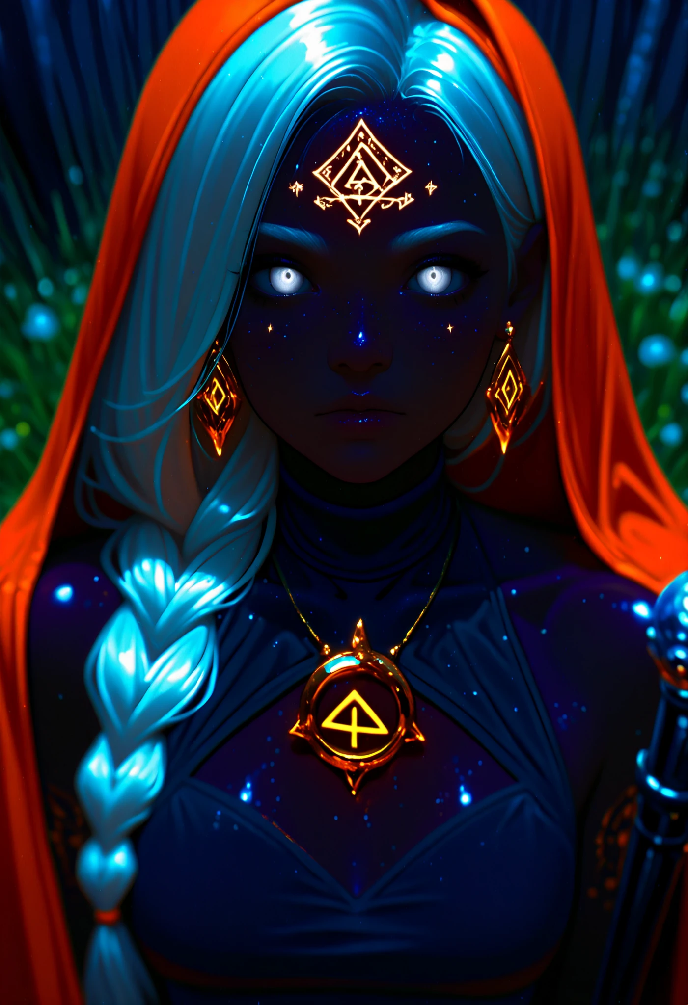 depth of field, high definition image, a lot of details,1 girl,Witch of the Dark,albinism,bestido negro,matt black metal cane,shimmering orange pendant and earrings,white eyes,,white hair,turtleneck,dress covers her whole body,Rhombus symbol tattooed on the forehead