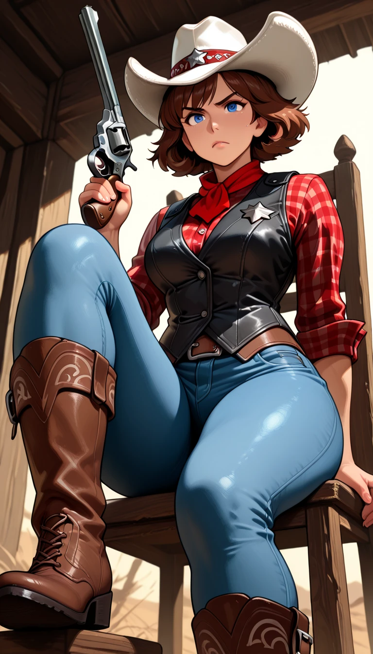 Unbeatable masterpiece，Ultra-realistic 8k CG，Perfect artwork，（1girll：1.1），独奏，（（Perfect female image）），（NSFW），looking at viewert，a mature female，Bimbo（Android18）standing on your feet，（teasing），best qualtiy：1.1，tempting pose，a sexy pose，Tempting，（big breasts beautiful），（curves），（bushy），blond hairbl，（eBlue eyes：1.2），short detailed hair，耳Nipple Ring，jewely，denim vest，Open the vest，black pantyhoses，black shirt，Denim skirt，Striped long sleeves， blue skirts， Toned legs， suits， （Abs：1.1）， （big assa：1.4）， Peach butt， （atheletic body：1.2）， （Large breasts：1.3， （big_breasts：1.1）， wide_hips：1.5， a narrow waist， Small waist：1.5， slender body：1.2， thick thight：1.3）， （shiny skins：1.2）， （HDR）， （the street：1.2）， Nikon D850 Film Stock Photo Kodak Portra 400 Camera F1.6 shots， rich colours， textures true to reality， Dramatic lighting，unreal-engine，Trends on ArtStation，Gerald Brom，Frank Frasertta，Luis Royo，Julie Bell，by Boris Vallejo，squatt，legs separated，back