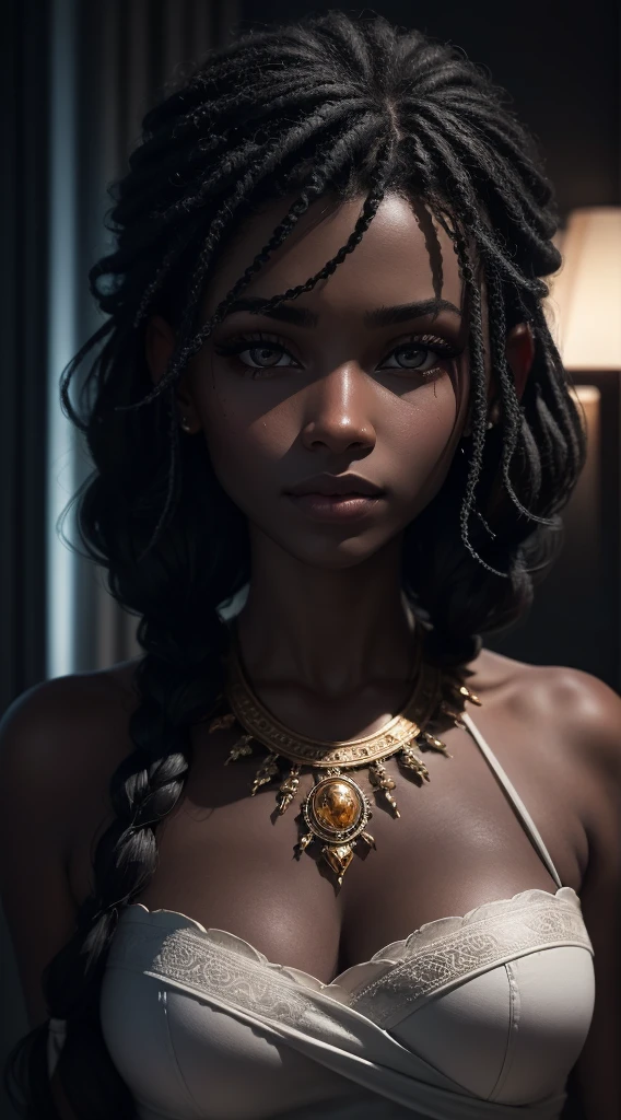 engine unreal:1.4,ultra HD,the best quality:1.4, photorrealistic:1.4, texture skin:1.4, Masterpiece artwork:1.8,Boa aparência 
Mulher africana de darkskin, stuffed animals, bangss, bared shoulders, flat belly , black har,skin black, blue sky, 弓, Braid, building, clavicle, crown braid, darkskin, separate sleeves, facial vision, flowers, Ruffled sleeves, volantes, gradient eyes, Hair behind the ear, Hair bow, head tilted, ventail, light blush, Longhaire, Look to viewer, multi colored eyes, naturey, へそ, orange ribbon, palm tree, palm, parted lips, Pink EyesTwo, Planter, portraite, flowers rouge, chemise, Simple braid, sky, bare, lighting sun, Thus, front teeth, tree, tropical, trunk, front teeth, water (Elden ring style:1.3), (warhammer styling:1.1), concept artist, Global illumination, Depth of field, splash art, art by artgerm and greg rutkowski e viktoria gavrilenko,
