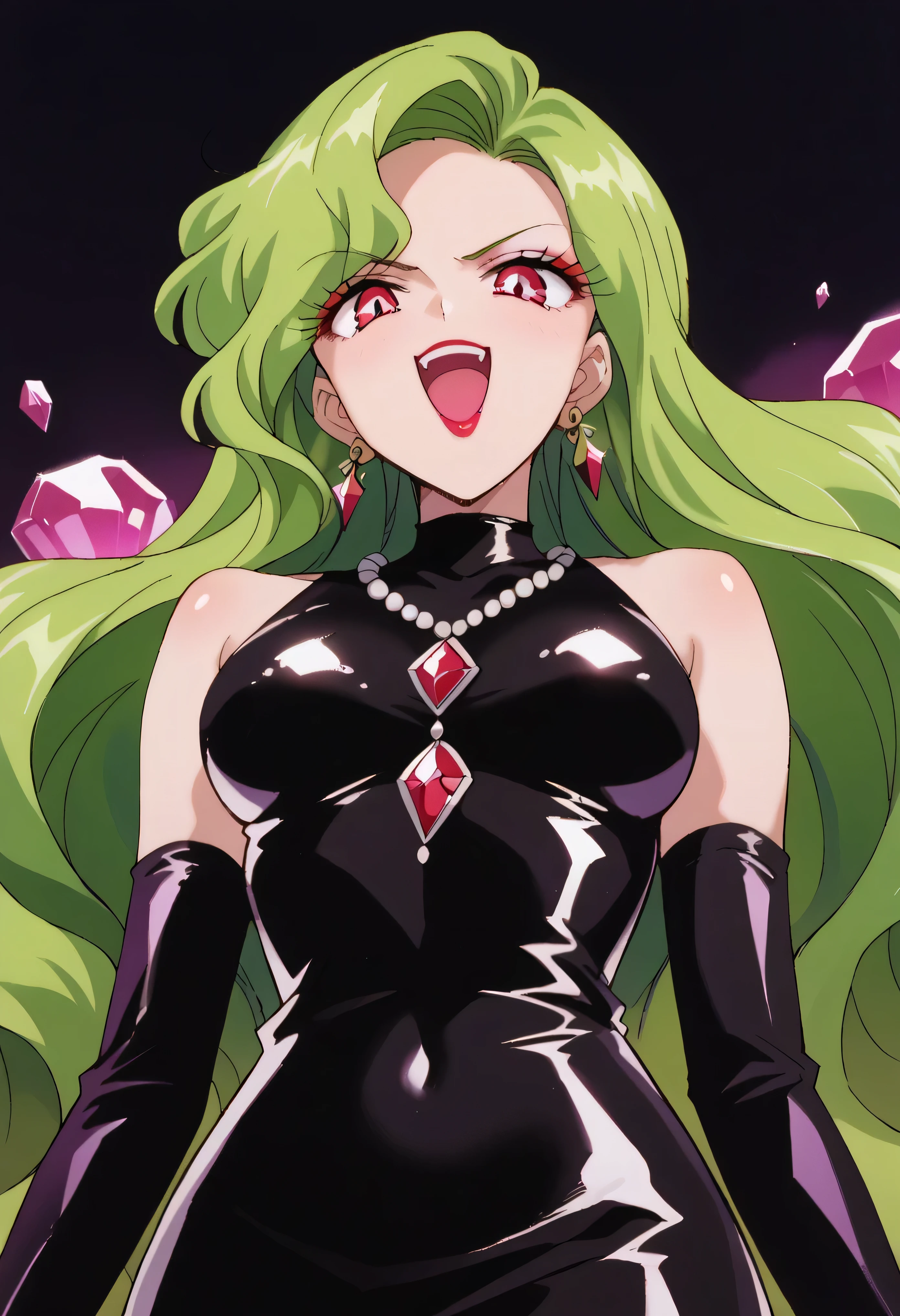 1 girl, cute face, green hair, very long hair, wavy hair with a graceful expression, LATEX ONLY , gloves, red lipstick, makeup, elbow-length gloves, eyeshadow, bare shoulder,Shiny Latex Black Dress, gemstone necklace that crosses the see-through, PURPLE CRYSTAL EARRINGS, Black fog background ,  dark aura ,   go up and open your mouth wide  ,、Self-conceit,from below,Looking Down at Viewers,(evil laugh:1.5),Anime Coloring