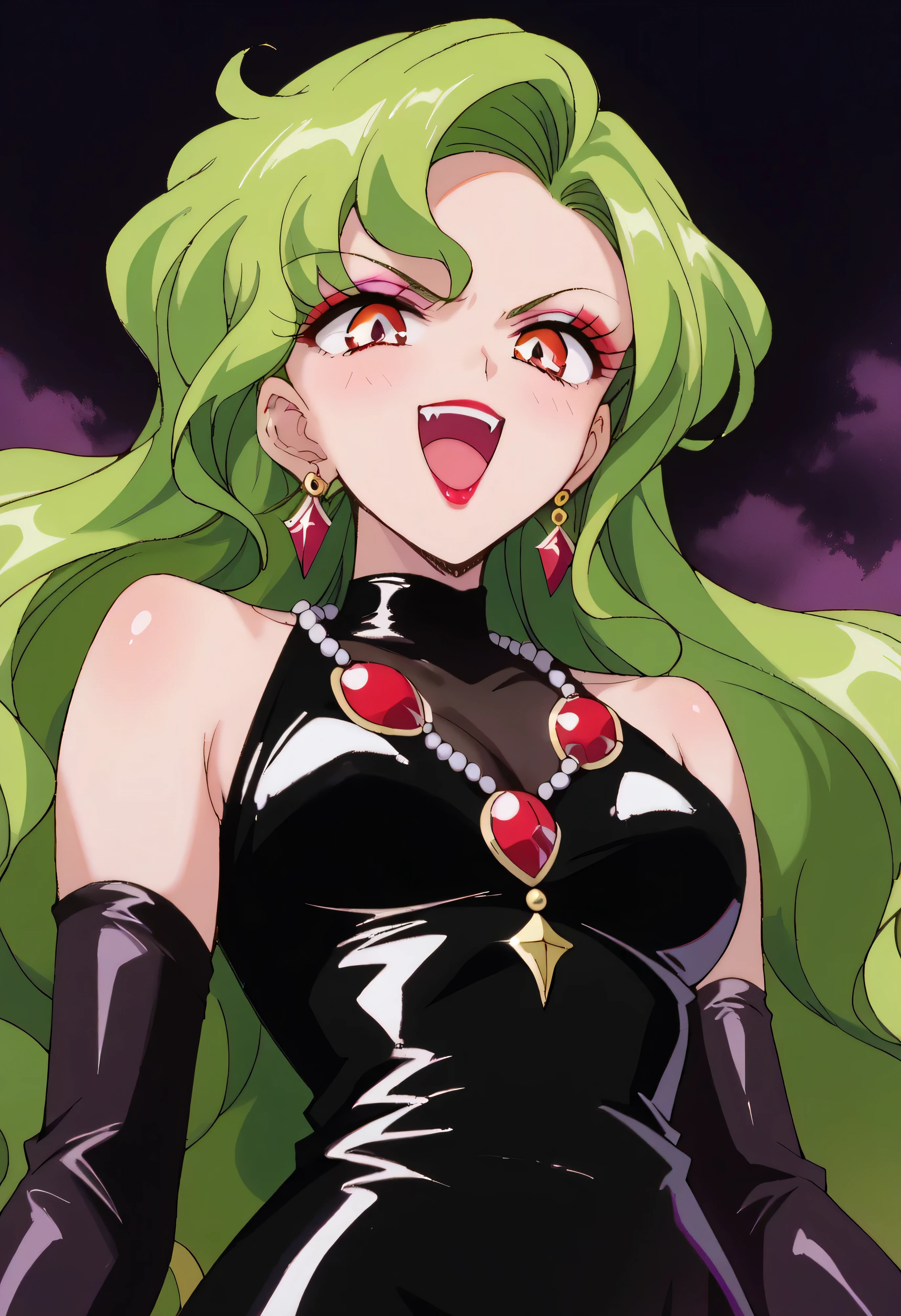 1 girl, cute face, green hair, very long hair, wavy hair with a graceful expression, LATEX ONLY , gloves, red lipstick, makeup, elbow-length gloves, eyeshadow, bare shoulder,Shiny Latex Black Dress, gemstone necklace that crosses the see-through, PURPLE CRYSTAL EARRINGS, Black fog background ,  dark aura ,   go up and open your mouth wide  ,、Self-conceit,from below,Looking Down at Viewers,(evil laugh:1.5),Anime Coloring