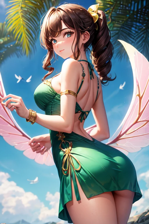 (Tinker Waifu:1), (minuscule), ssmile, sexly, naughty pose, gazing at viewer, breastsout, neckleace, single hair bun, shorth hair, (green dress without straps:1), (fairy wings naughty), (foco nos breastsout:1.2), From above, (realisitic:1.2), (真实感), (Masterpiece artwork:1.2), (best qualityer), (ultra detaild), (8k, 4K, intrikate),(photo by full body:1),(photo the cowboy:1.2), (85 mm),partículas de Lumiere, calling, (very detailled:1.2),(face detailed:1.2), (gradients), showy,(detailedeyes:1.2),(detailed back ground),detailed landscape, (dynamic angle:1.2), (dynamic pose:1.2), (rule of third's composition:1.3), (Line of action:1.2), General plan, Lumiere, standing alone, sexly, show skin, (lying on a flower, ventail)