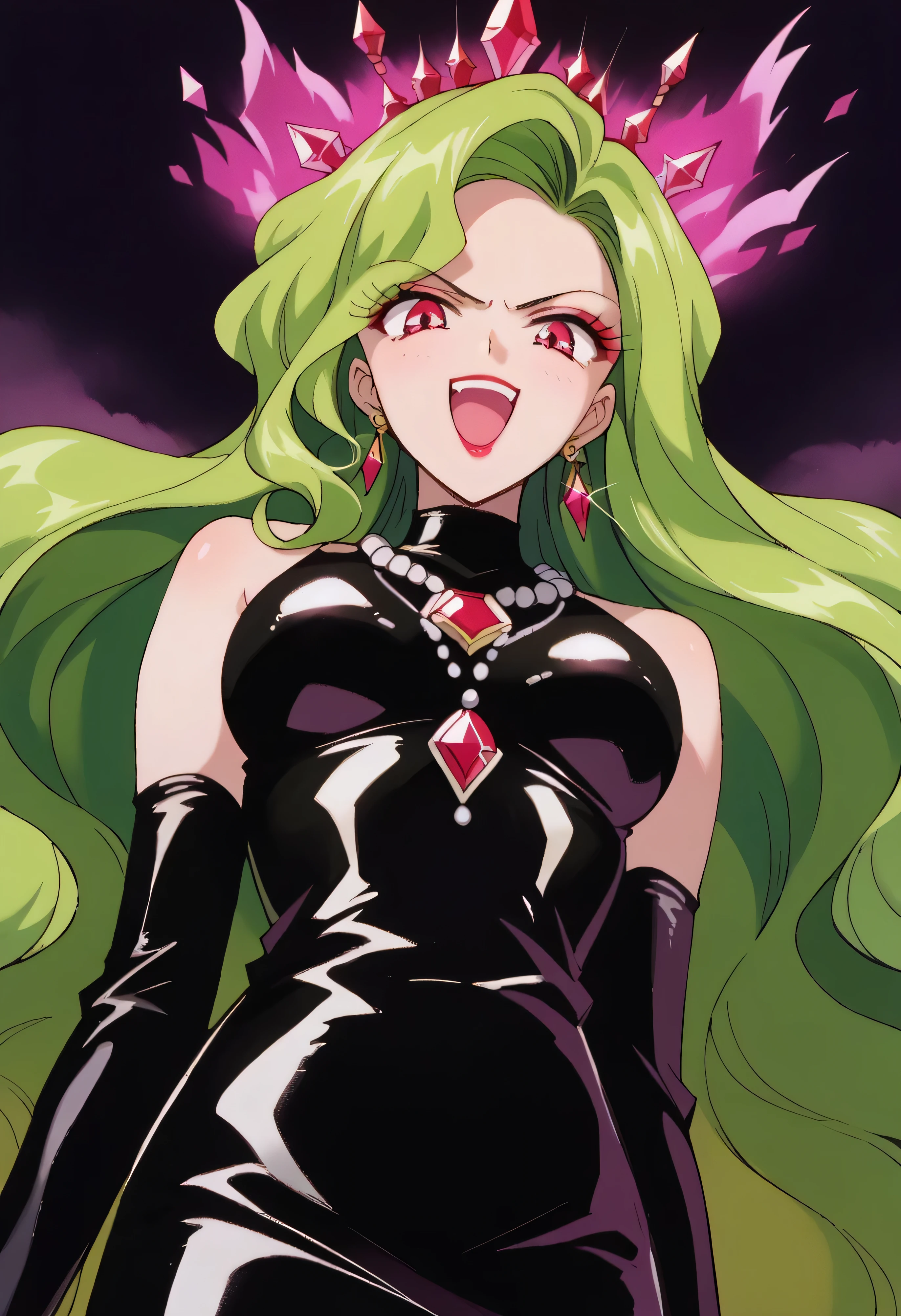 1 woman, beautiful face above the castle gate, green hair, very long hair, wavy hair with a graceful expression, LATEX ONLY , gloves, red lipstick, makeup, elbow-length gloves, eyeshadow, bare shoulder,Shiny Latex Black Dress, gemstone necklace that crosses the see-through, PURPLE CRYSTAL EARRINGS, Black fog background , (dark aura:1.5),   go up and open your mouth wide  ,、Self-conceit,from below,Looking Down at Viewers,(evil laugh:1.5),Anime Coloring