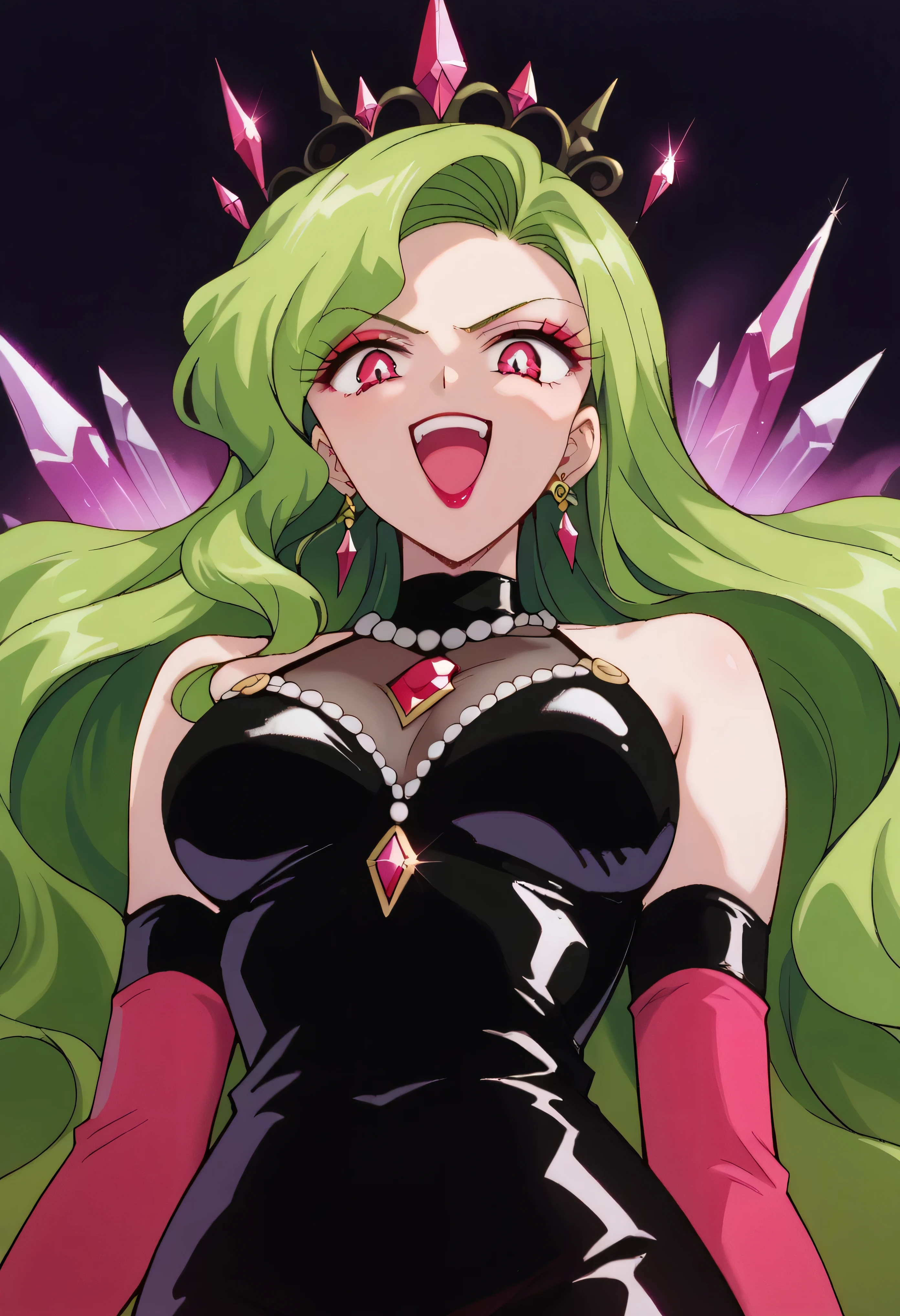 1 woman, beautiful face above the castle gate, green hair, very long hair, wavy hair with a graceful expression, LATEX ONLY , gloves, red lipstick, makeup, elbow-length gloves, eyeshadow, bare shoulder,Shiny Latex Black Dress, gemstone necklace that crosses the see-through, PURPLE CRYSTAL EARRINGS, Black fog background , (dark aura:1.5),   go up and open your mouth wide  ,、Self-conceit,from below,Looking Down at Viewers,(evil laugh:1.5),Anime Coloring