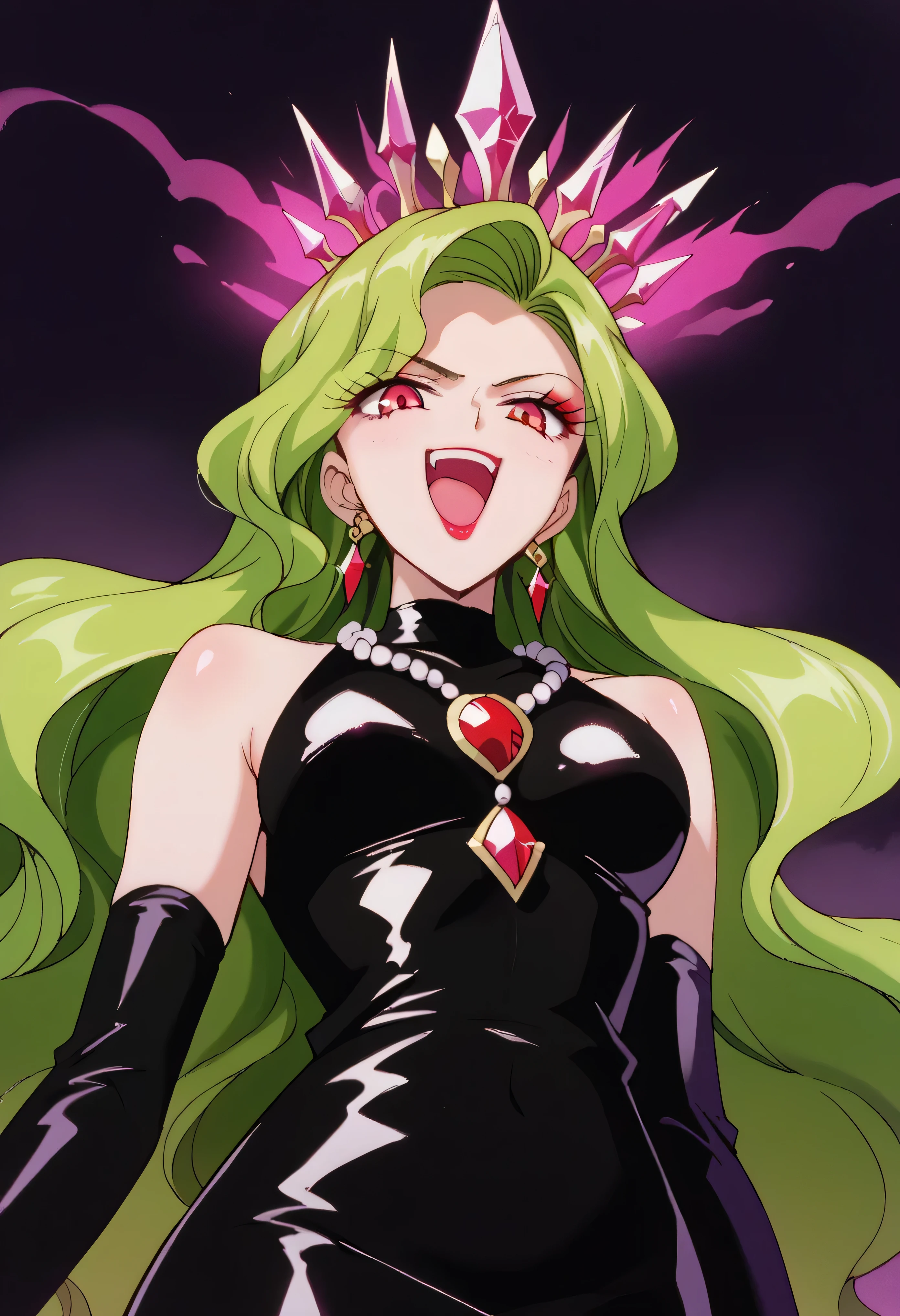 1 woman, beautiful face above the castle gate, green hair, very long hair, wavy hair with a graceful expression, LATEX ONLY , gloves, red lipstick, makeup, elbow-length gloves, eyeshadow, bare shoulder,Shiny Latex Black Dress, gemstone necklace that crosses the see-through, PURPLE CRYSTAL EARRINGS, Black fog background , (dark aura:1.5),   go up and open your mouth wide  ,、Self-conceit,from below,Looking Down at Viewers,(evil laugh:1.5),Anime Coloring