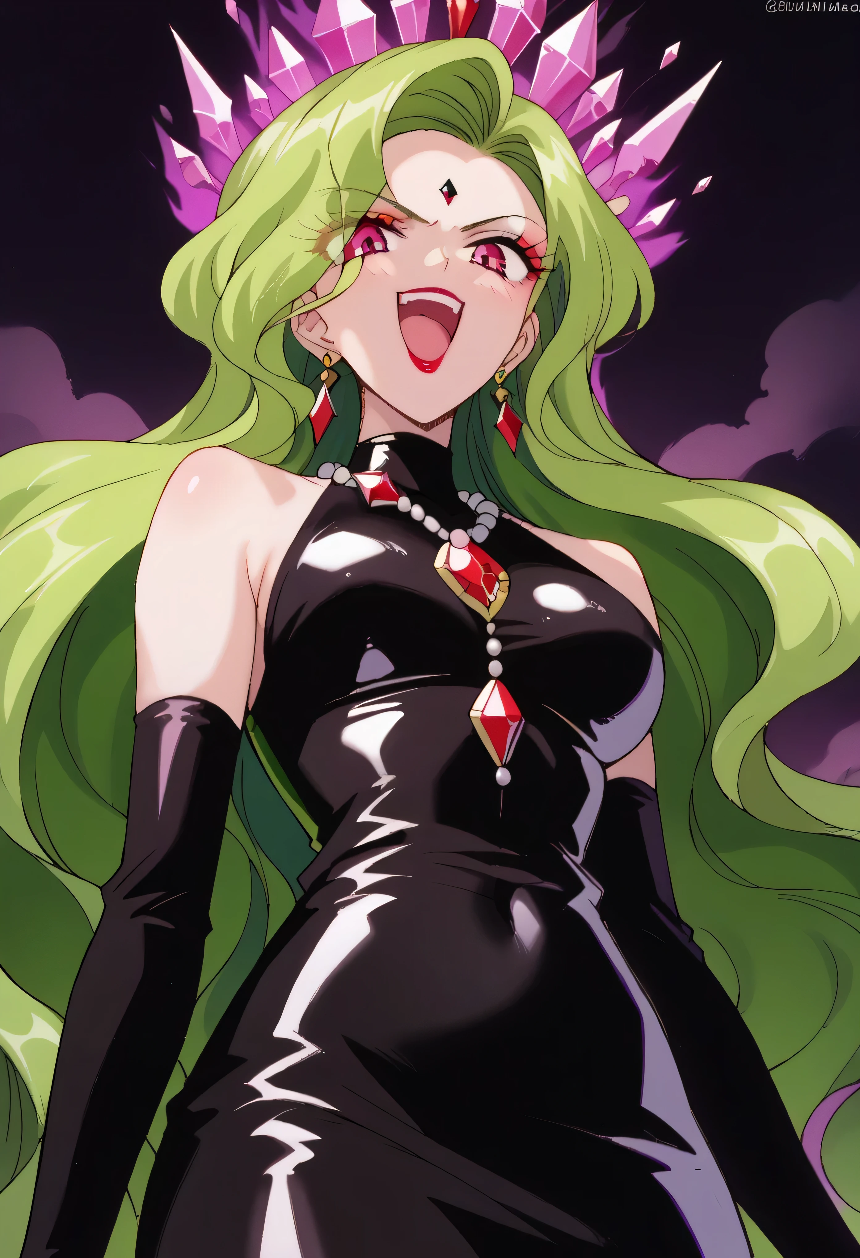 1 woman, beautiful face above the castle gate, green hair, very long hair, wavy hair with a graceful expression, LATEX ONLY , gloves, red lipstick, makeup, elbow-length gloves, eyeshadow, bare shoulder,Shiny Latex Black Dress, gemstone necklace that crosses the see-through, PURPLE CRYSTAL EARRINGS, Black fog background , (dark aura:1.5), go up and open your mouth wide ,、Self-conceit,from below,Looking Down at Viewers,(evil laugh:1.5),Anime Coloring