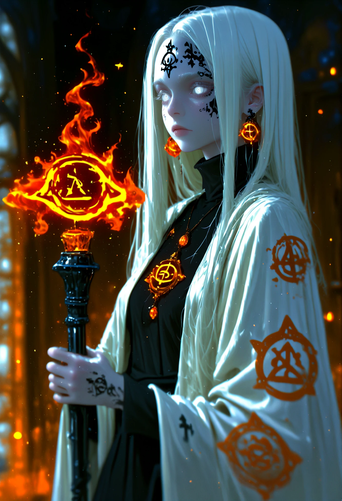 depth of field, high definition image, a lot of details,1 girl,Witch of the Dark,albinism,bestido negro,matt black metal cane,shimmering orange pendant and earrings,white eyes,,white hair,turtleneck,dress covers her whole body,Rhombus symbol tattooed on the forehead