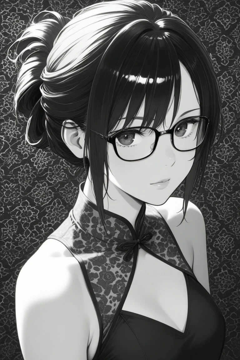 1 girl, solo, female, beautiful girl, medium breast, ((bare shoulder)), long black hair, long lock, long ponytail, (((wear chinese dress))), bust portraid, monochromatic.
