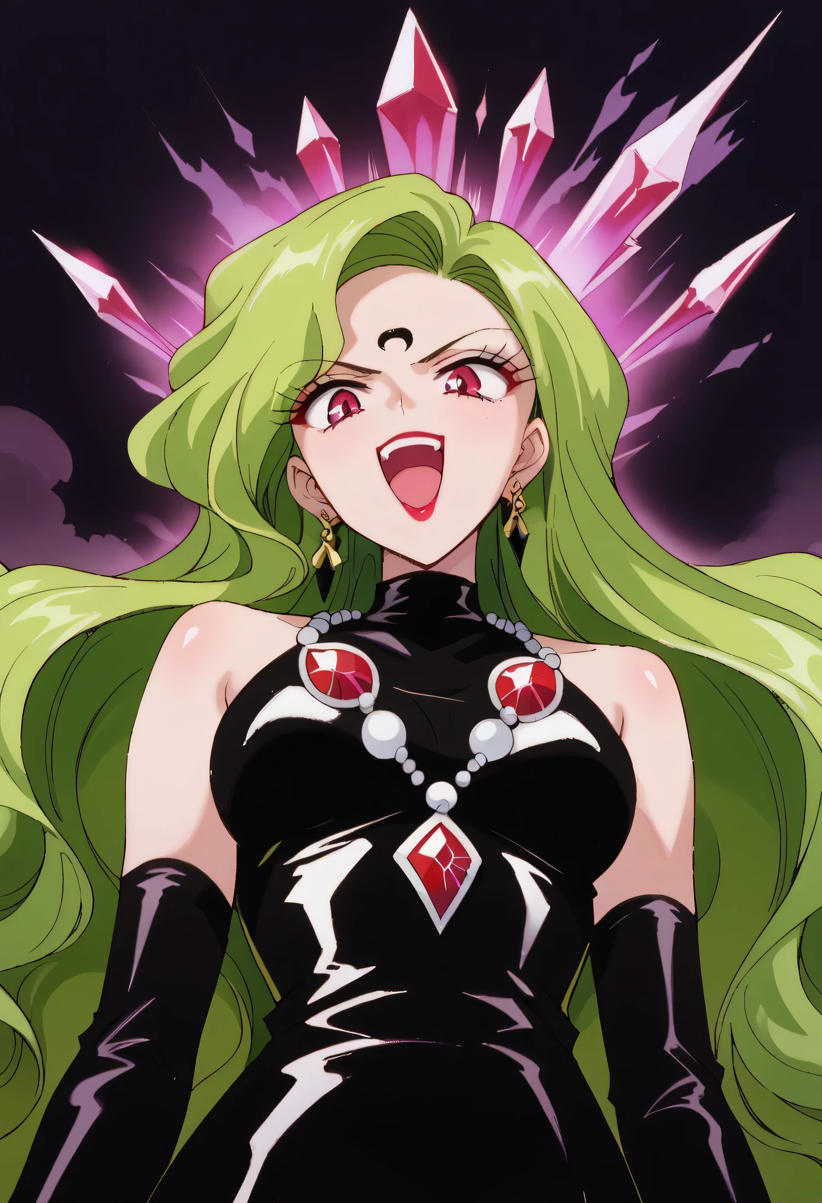1 woman, beautiful face above the castle gate, green hair, very long hair, wavy hair with a graceful expression, LATEX ONLY , gloves, red lipstick, makeup, elbow-length gloves, eyeshadow, bare shoulder,Shiny Latex Black Dress, gemstone necklace that crosses the see-through, PURPLE CRYSTAL EARRINGS, Black fog background , (dark aura:1.5),   go up and open your mouth wide  ,、Self-conceit,from below,Looking Down at Viewers,(evil laugh:1.5),Anime Coloring,The black crescent moon on the forehead,