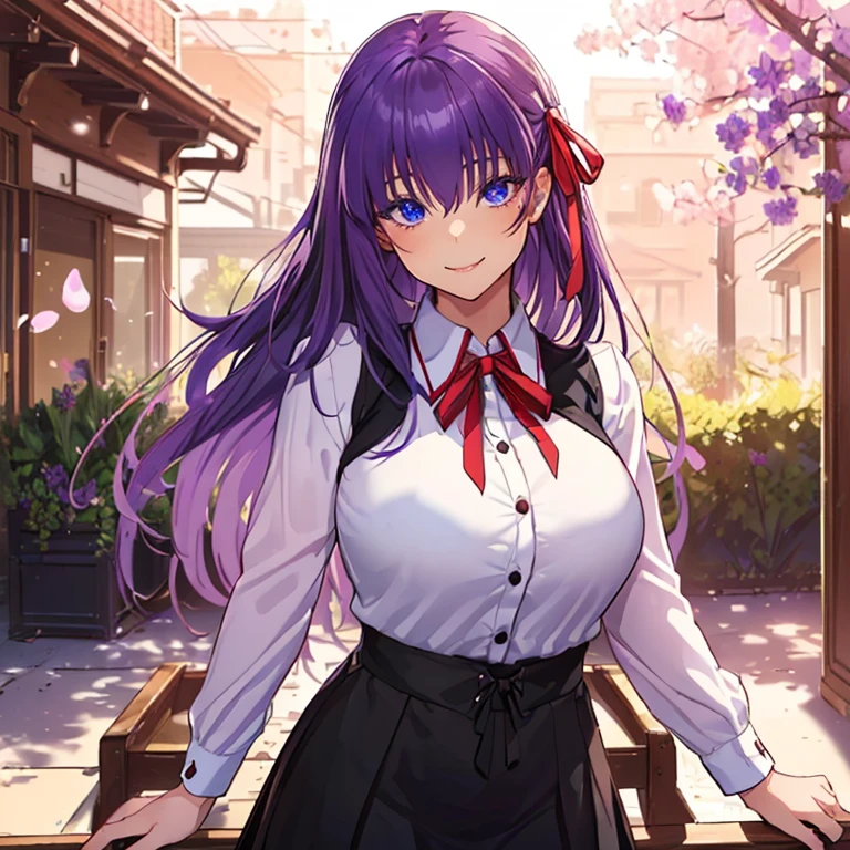 1girl, fern (sousou no frieren), solo, school uniform, white collared shirt, sweater, pleated skirt, pantyhose, light smile, double v, looking at viewer, smile, open mouth, outdoors, street, cherry blossoms, petals, depth of field, <lora:Milf:0.8> milf, huge breasts, mature female masterpiece, best quality, masterpiece