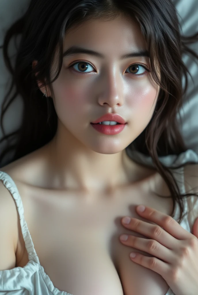18-year-old Japanese girl ,blue eyes, pretty, Nymphomaniac, beautiful lying in bed in lingerie