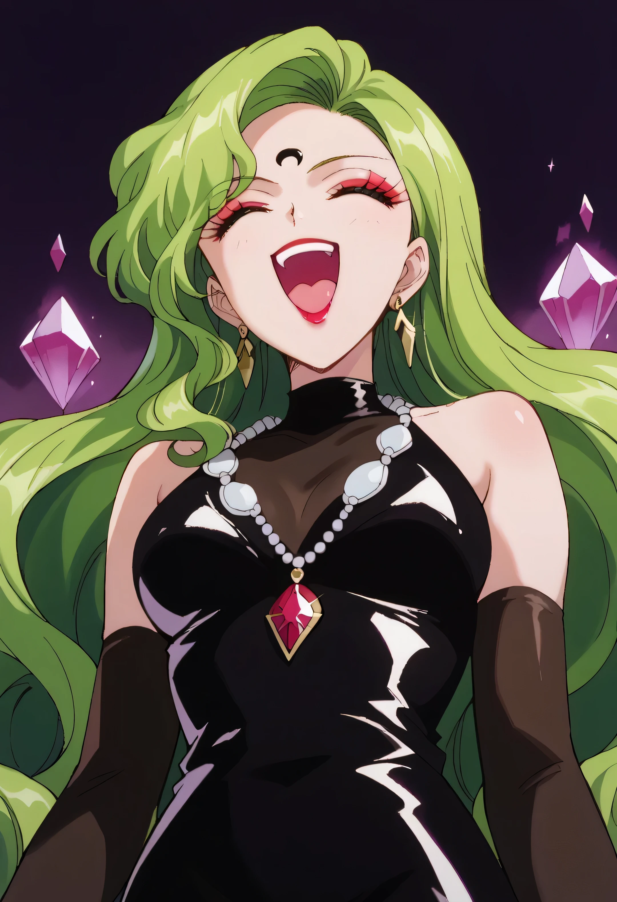 1 woman, beautiful face above the castle gate, green hair, very long hair, wavy hair with a graceful expression, LATEX ONLY , gloves, red lipstick, makeup, elbow-length gloves, eyeshadow, bare shoulder,shiny latex black dress, gemstone necklace that crosses the see-through,Pile of purple crystals,earrings, Black fog background , (dark aura:1.5),   go up and open your mouth wide  ,、Self-conceit,from below,Looking Down at Viewers,(laugh:1.9),Anime Coloring,The black crescent moon on the forehead,
