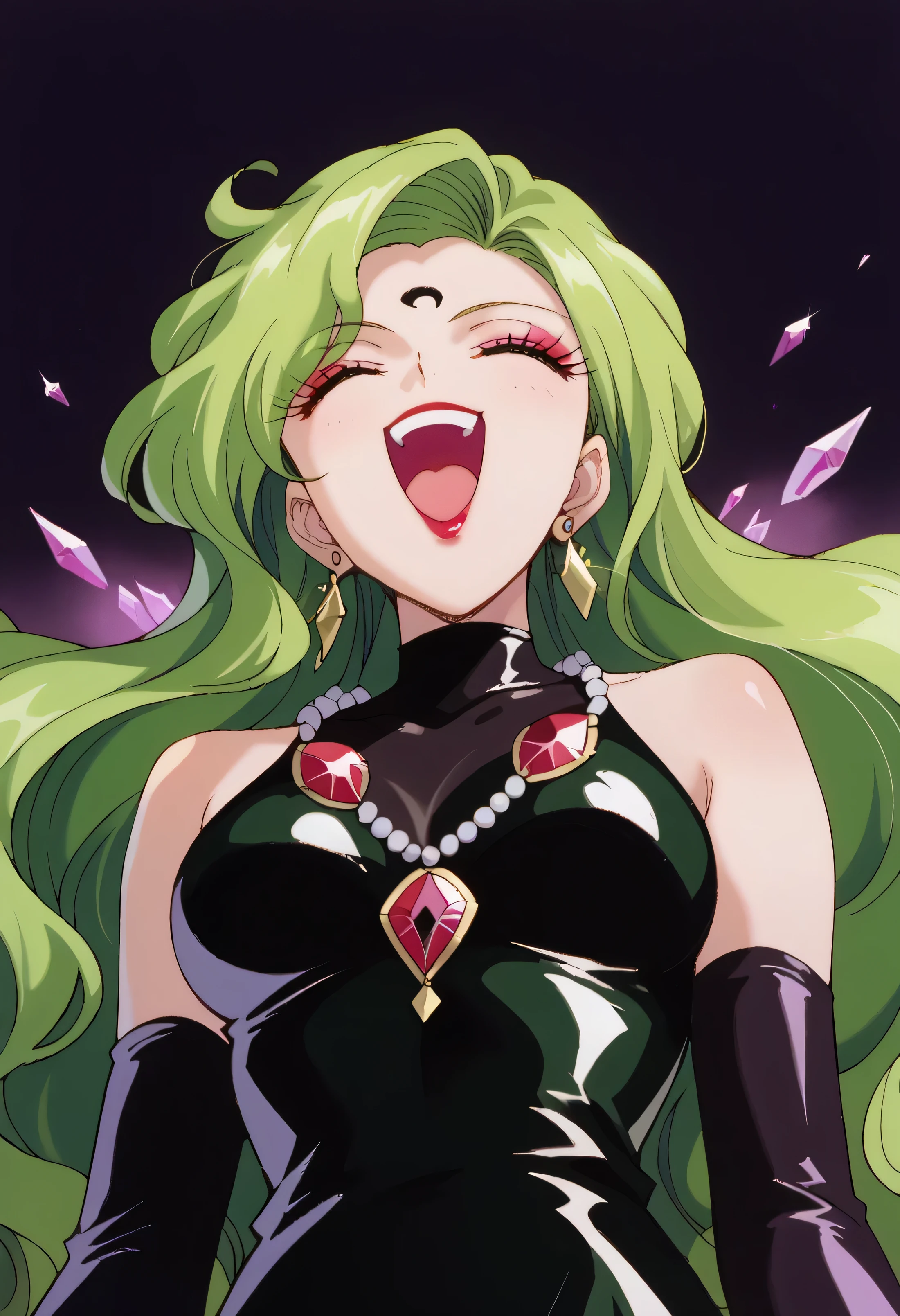 1 woman, beautiful face above the castle gate, green hair, very long hair, wavy hair with a graceful expression, LATEX ONLY , gloves, red lipstick, makeup, elbow-length gloves, eyeshadow, bare shoulder,shiny latex black dress, gemstone necklace that crosses the see-through,Pile of purple crystals,earrings, Black fog background , (dark aura:1.5),   go up and open your mouth wide  ,、Self-conceit,from below,Looking Down at Viewers,(laugh:1.9),Anime Coloring,The black crescent moon on the forehead,
